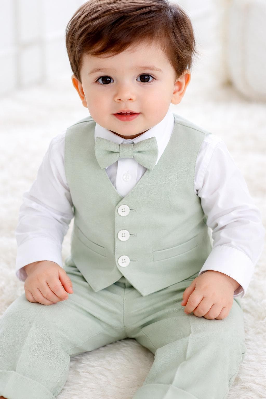 Sage Green Boys Wedding Suit, Custom Fit 3 Piece Tuxedo, Ring Bearer Outfit with Vest and Blazer for Toddler Boys