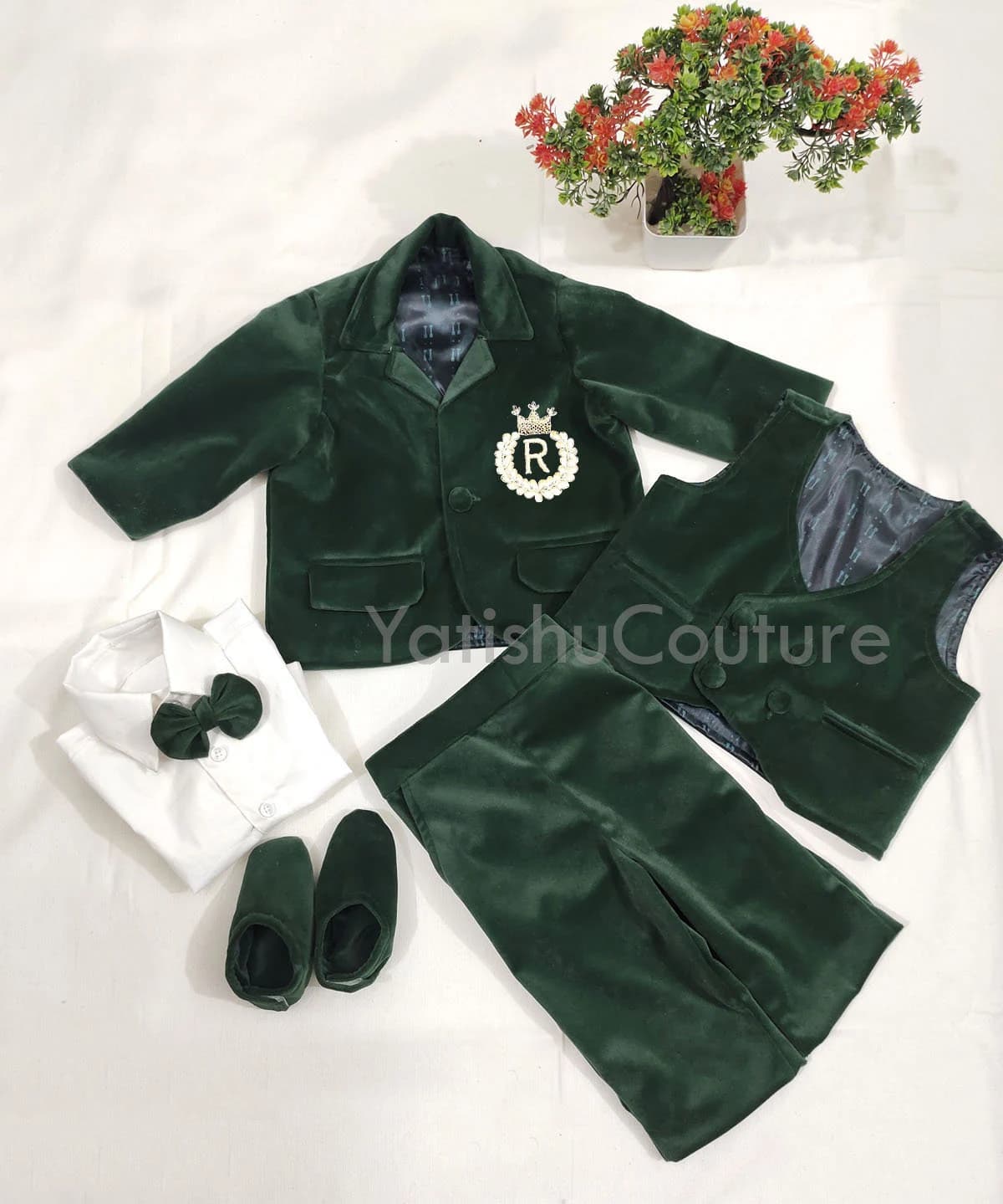 Boys Suit, Green Velvet Baby Boy Suit for weeding, Boys 5-Pieces Slim Fit Velvet Suit