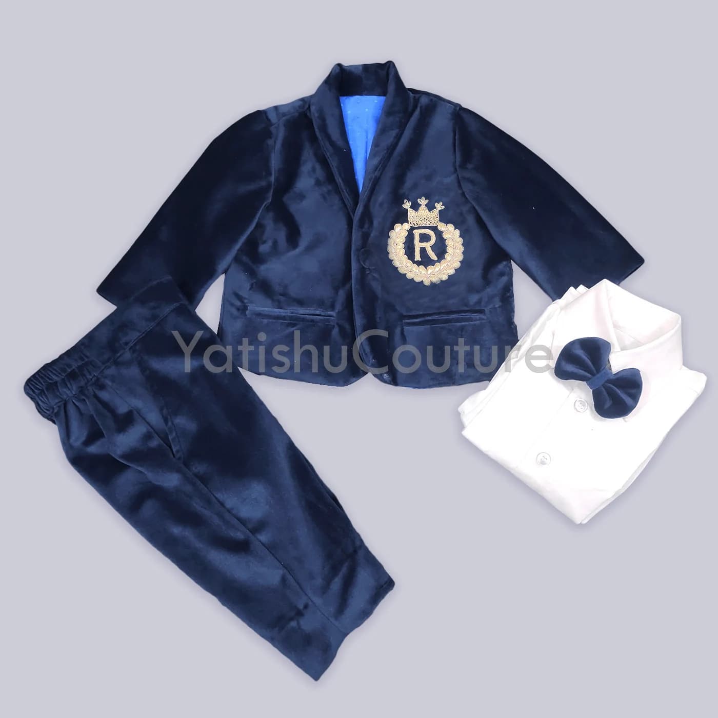 Velvet Baby Boy Suit: Handmade Blazer Outfit, Personalized Embroidery