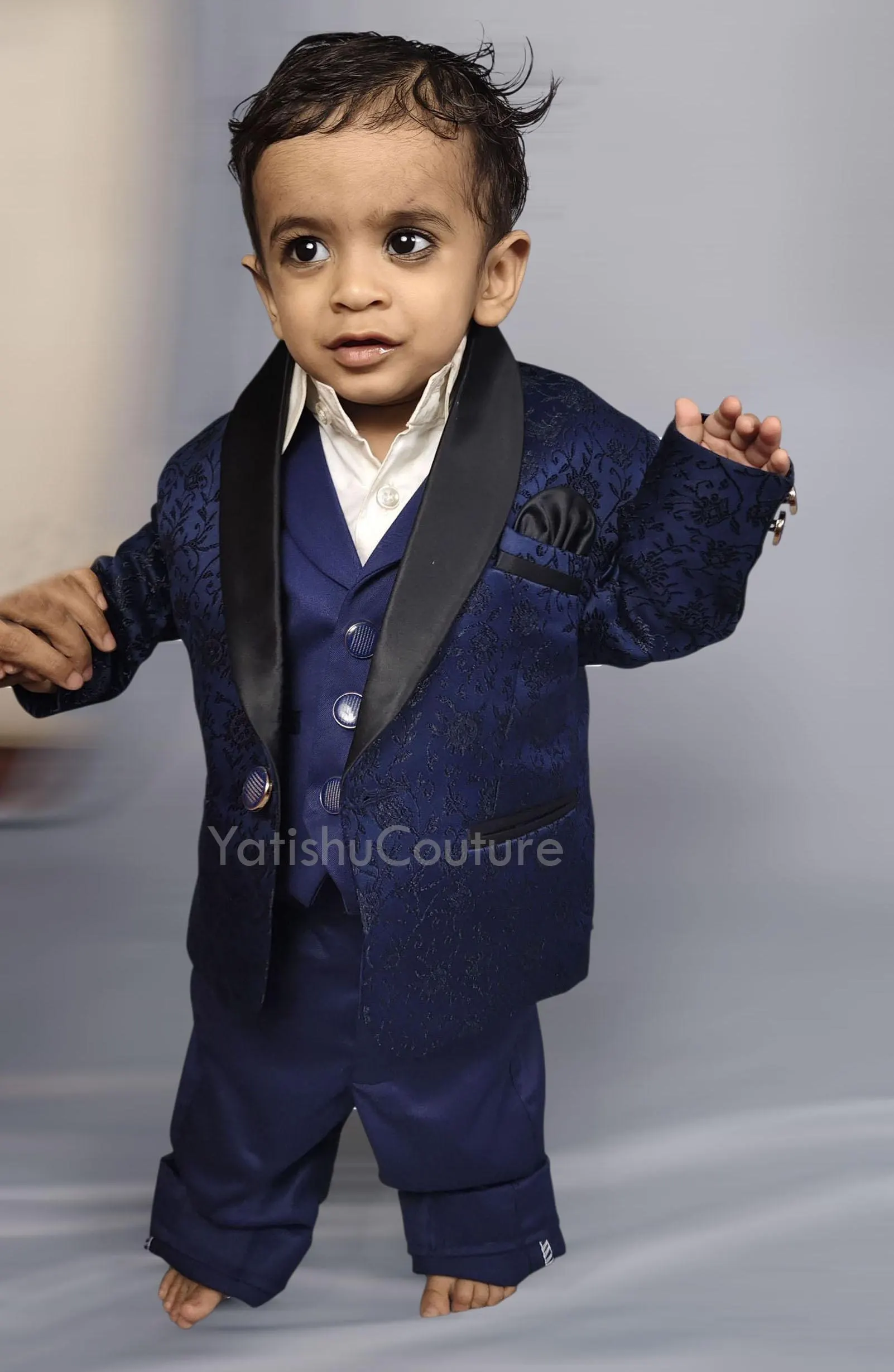 Boys Blue Tuxedo Suit, Kids 3PC Formal Wedding Suit, Classic Tailored Blazer With Trousers
