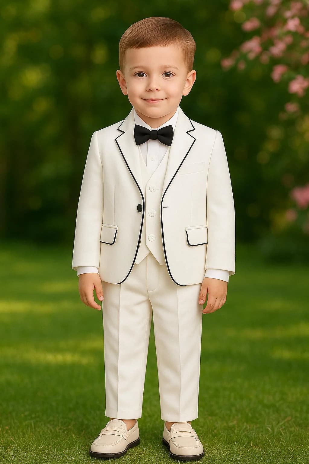 Classic white boys formal outfit — toddler custom suit for wedding, birthday party, or baptism