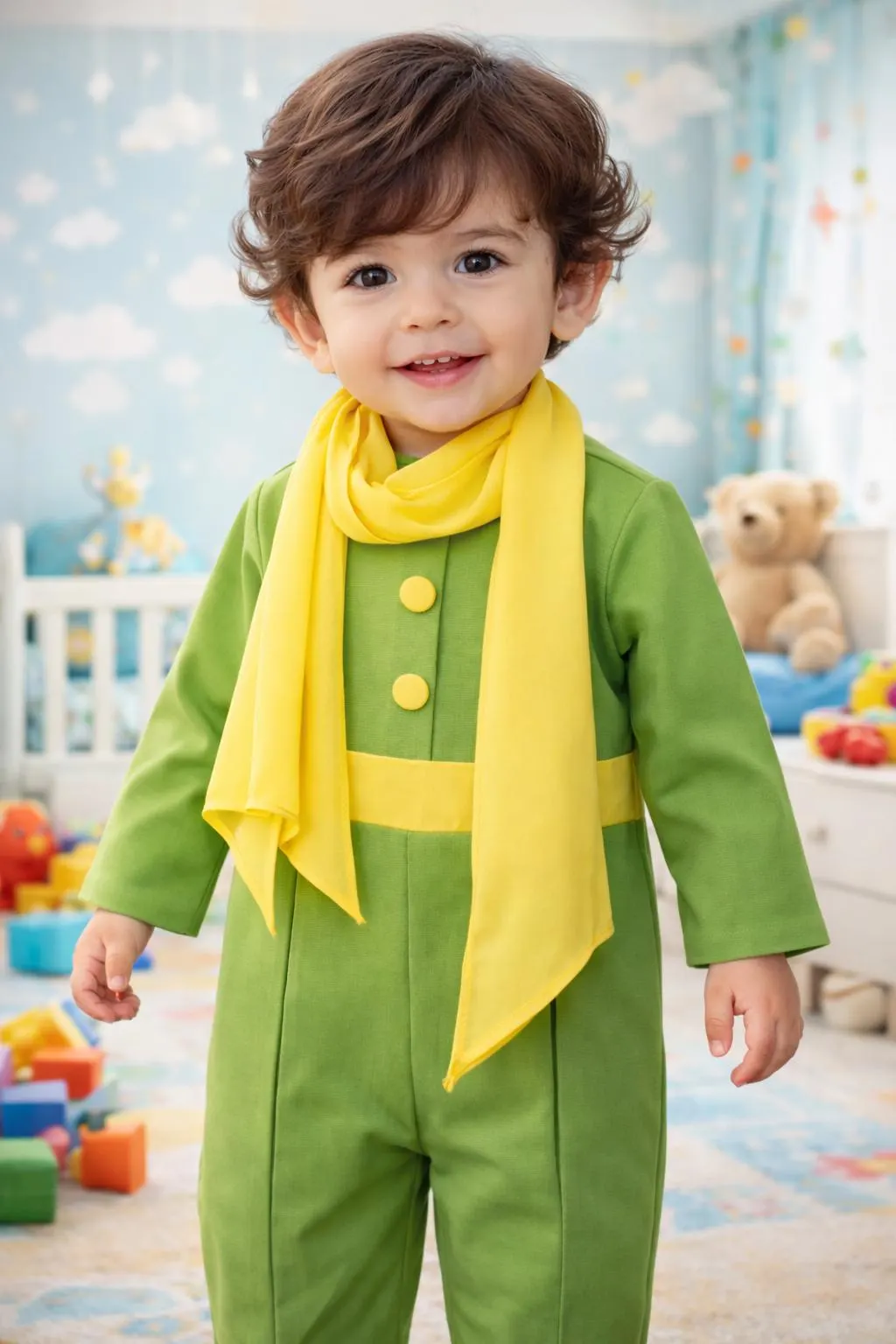Little Prince Costume: Baby Green Romper Set with Yellow Wrap | Boys First Birthday Outfit