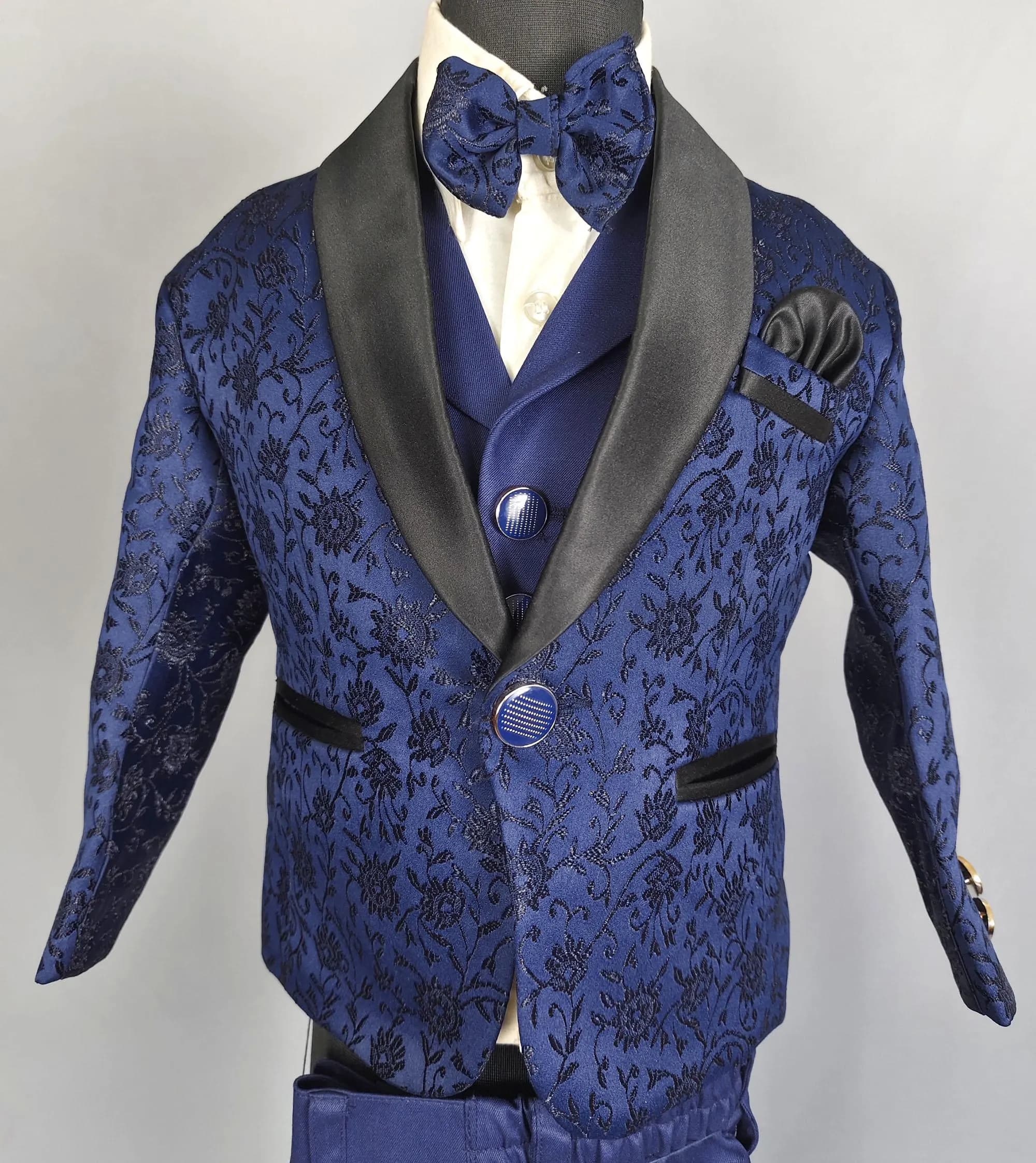 Boys Wedding Ring Bearer Outfit Embroidery fabric Blazer Suit Pants With Bow Tie