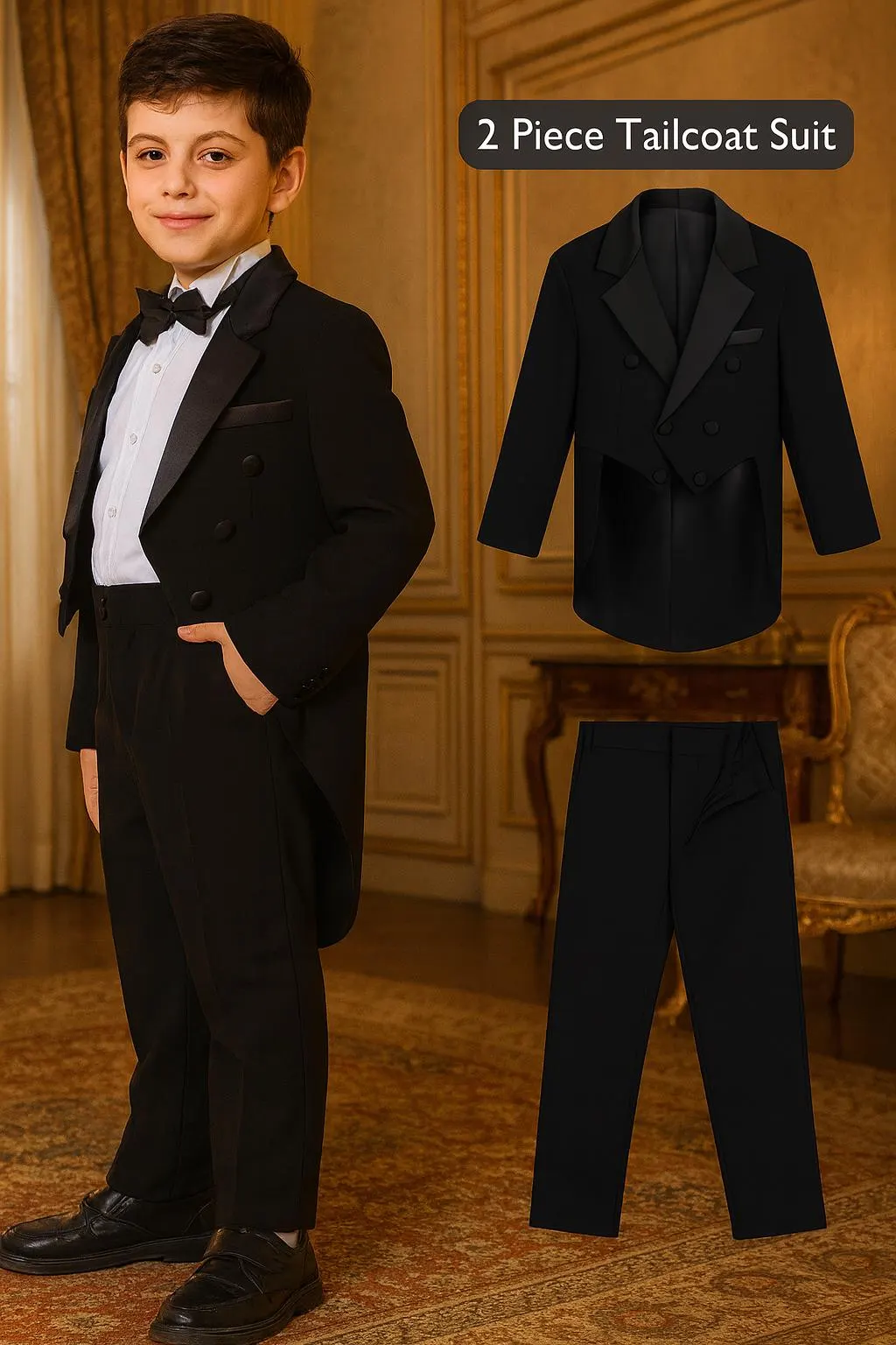 Toddler Boys 3-Piece Tailcoat Tuxedo: Black Formal Wedding Suit, First Birthday Outfit - image 4