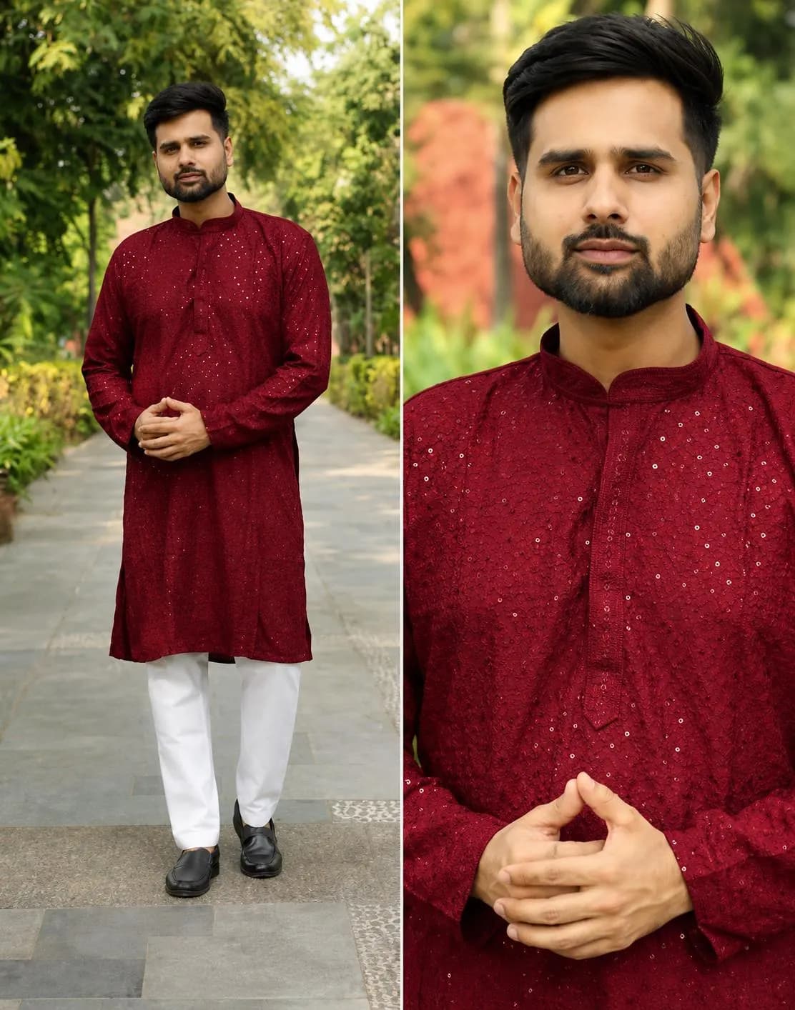 Maroon Chikan Work Kurta Pajama Set for Men, Indian Wedding Outfit, Heavy Rayon Ethnic Wear with Raymond Cotton Pajama