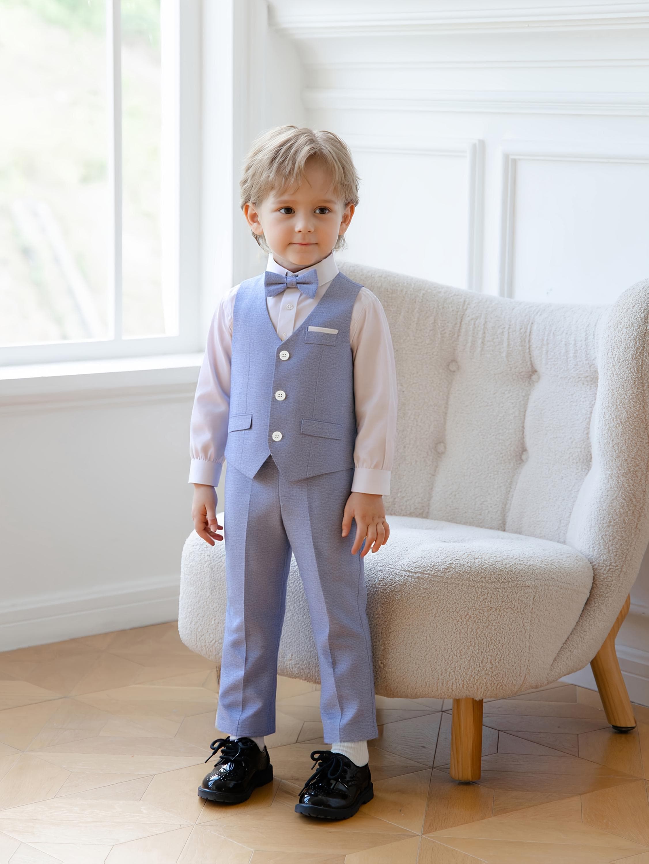 Baby Boy Outfit Set Blue Color – Toddler 4 Piece Formal Suit with Shirt, Vest, Bow Tie & Pants