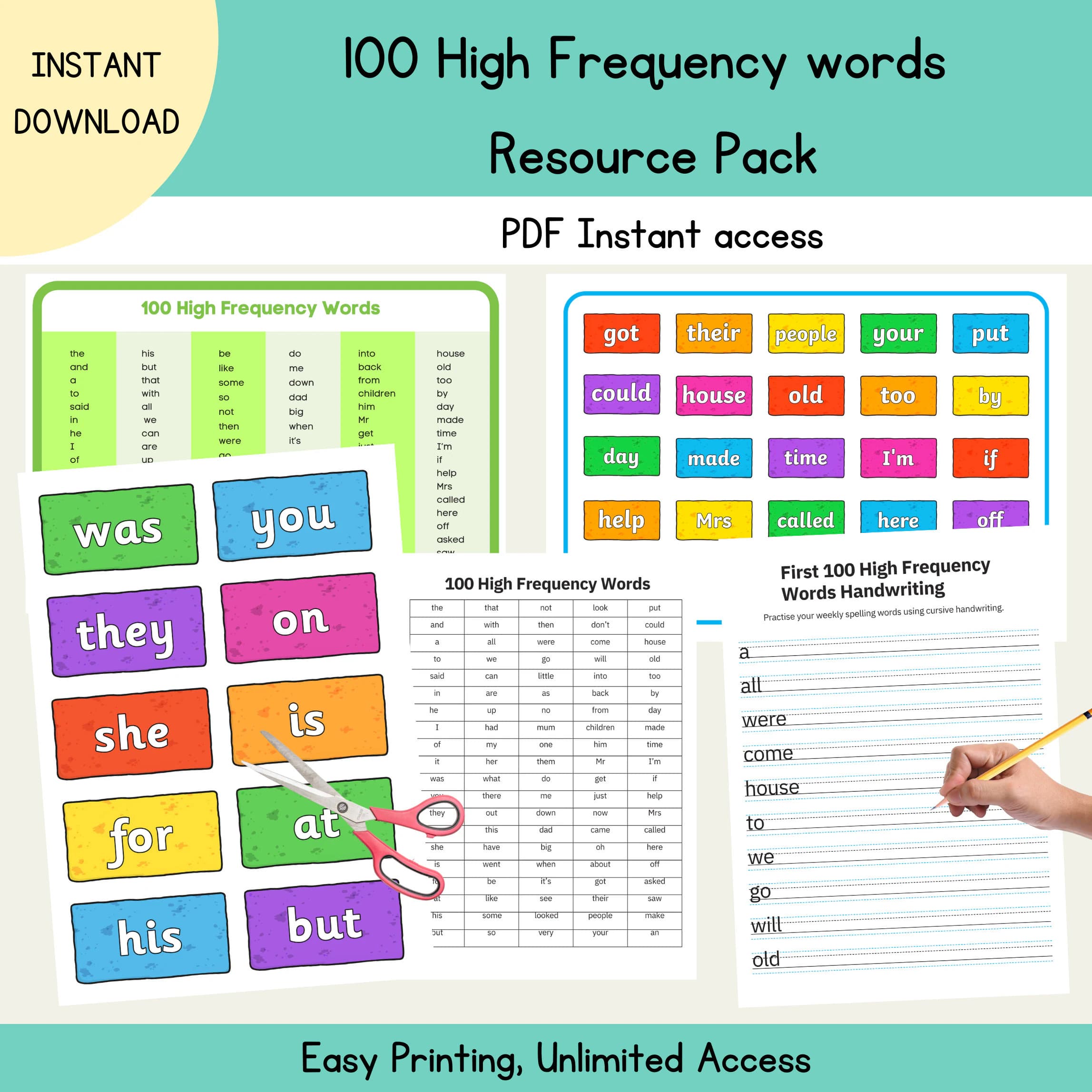 High Frequency Words Resources Pack 100 Frequency Words Children Educational Worksheets Sight Words First Common Word Kids Digital Printable