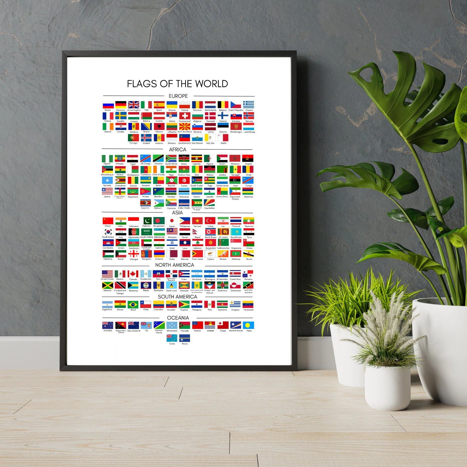 Flags of the World Wall Art, Educational Wall Print, Digital, Geography, Wall Decor, Country Flags, World Flags, Printable, Continent