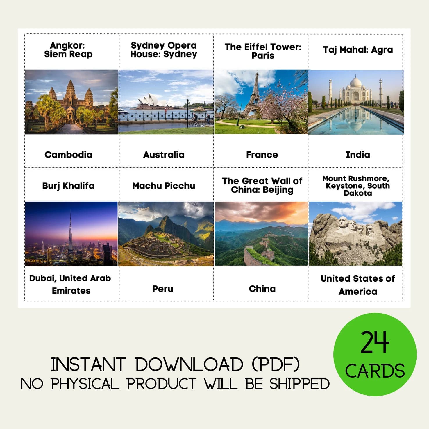 Famous Landmarks Flash Cards World Country Educational Children Digital Download Kids Geography Flags History - image 3
