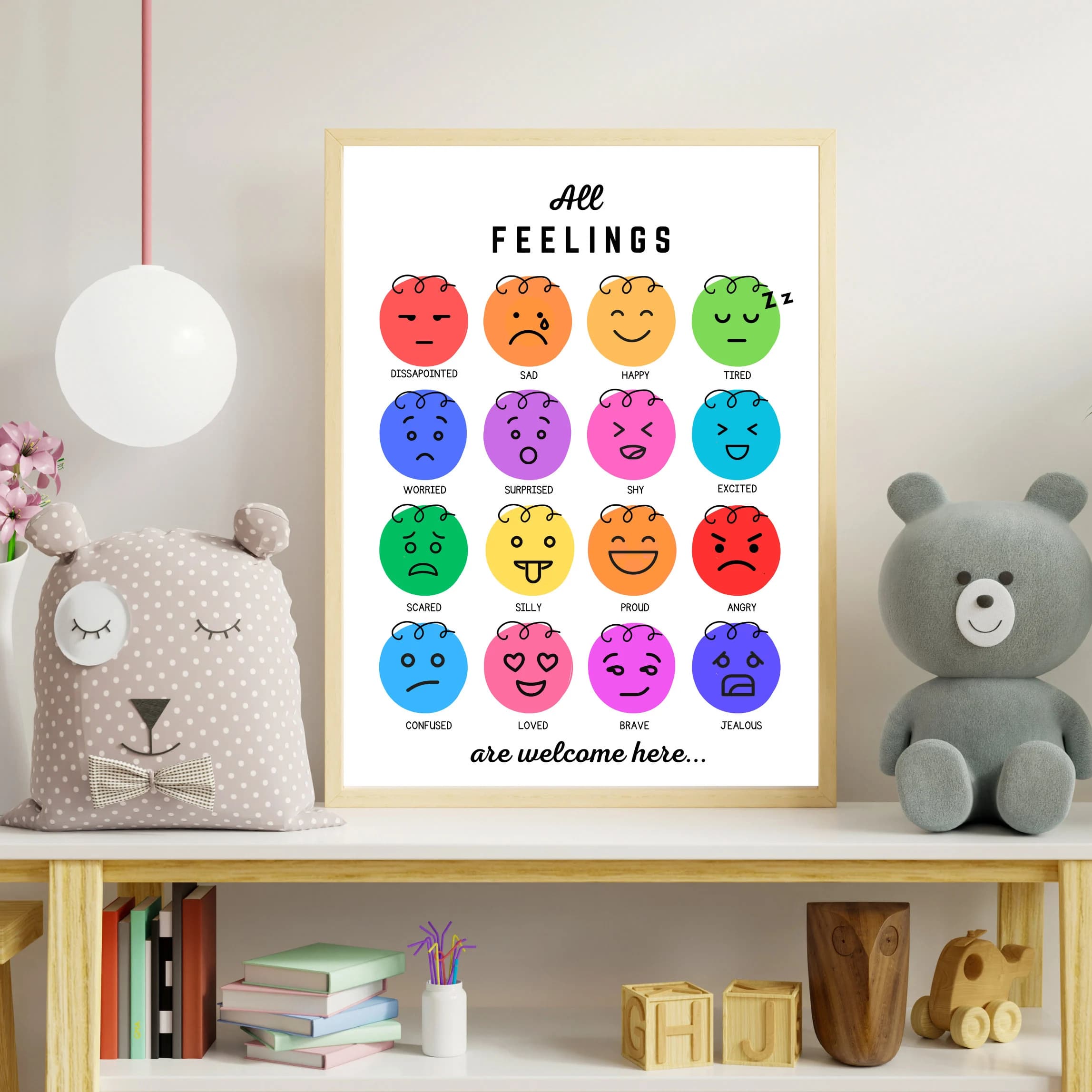 All Feelings are welcome here Poster, Educational Wall Chart, Emotions, Mental Health Coping Decor Preschool Emojis Feelings Printable