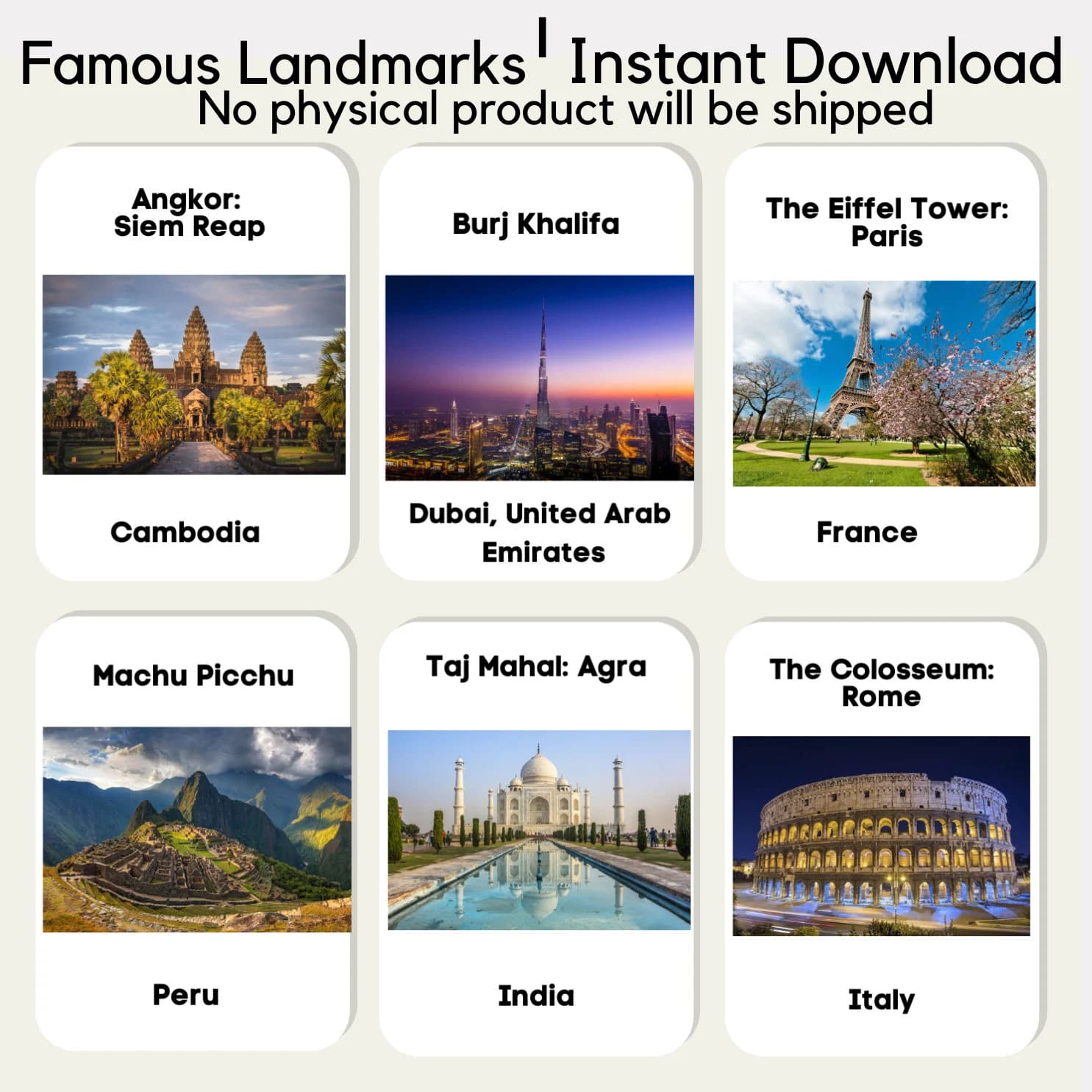 Famous Landmarks Flash Cards World Country Educational Children Digital Download Kids Geography Flags History