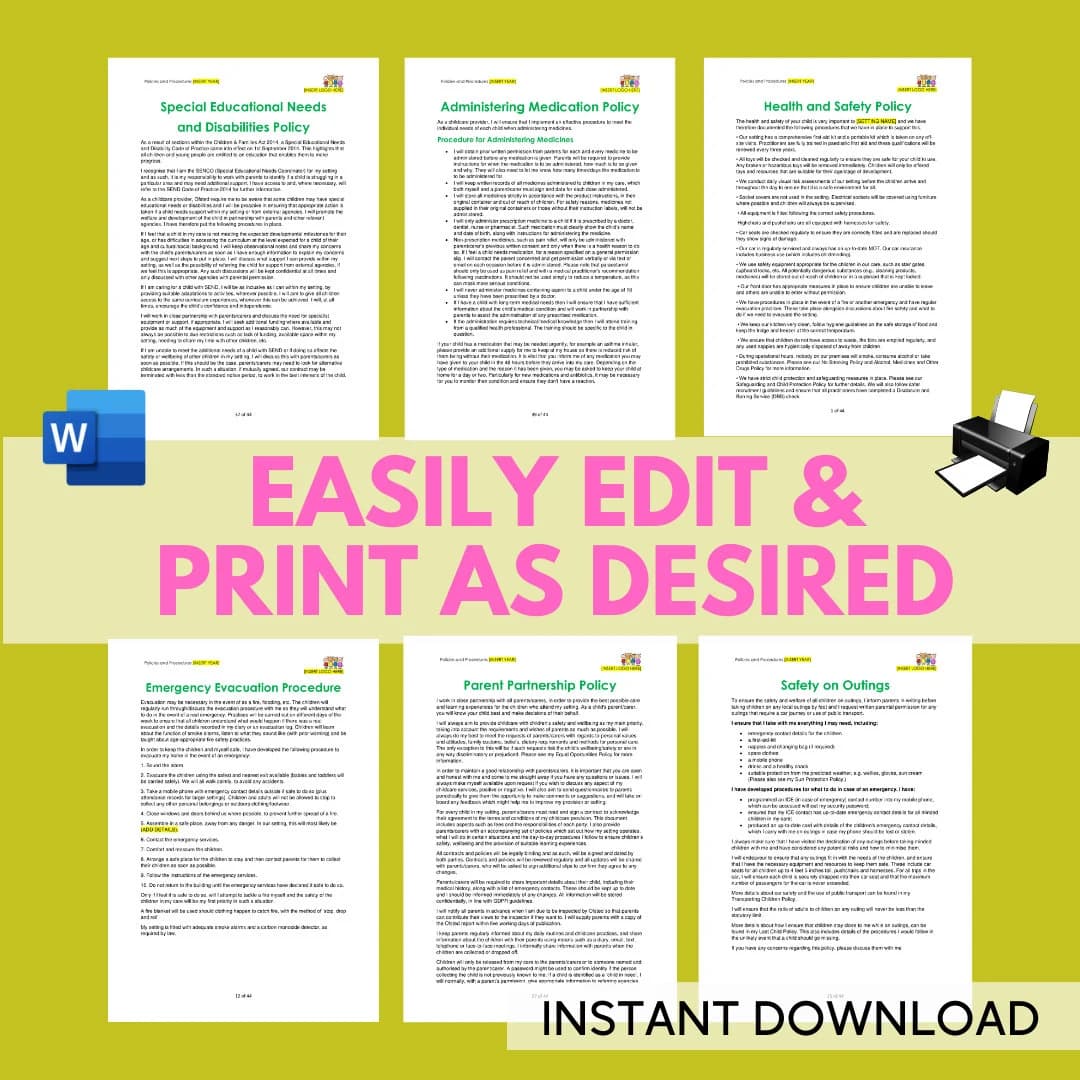 Daycare Parent Handbook Policies and Procedures Childminder Paperwork Home Nursery Day Care Forms Printable Preschool EYFS Ofsted - image 5