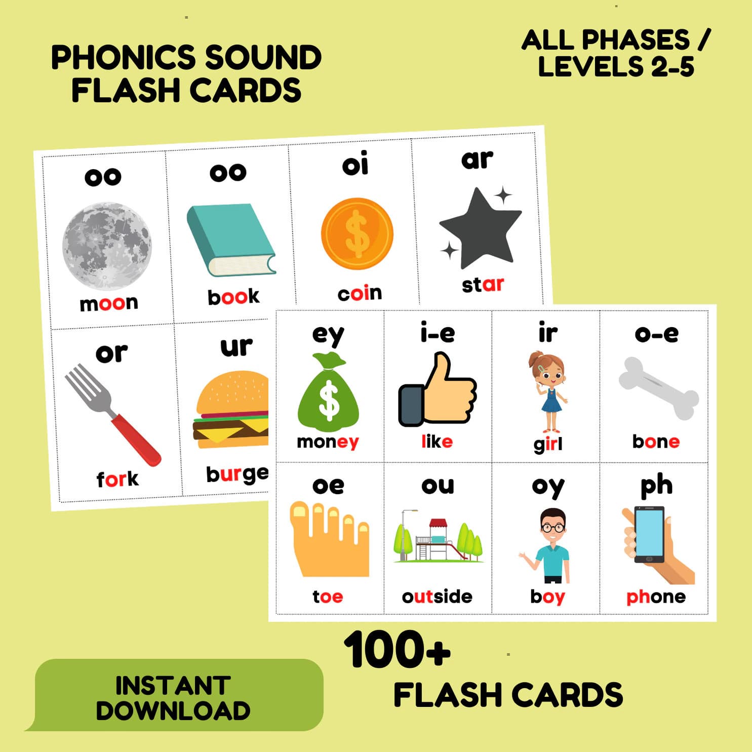 Phonics Flash Cards Download Printable Frequency Words First Preschool Alphabet Children Learning Bundle Kids - image 3