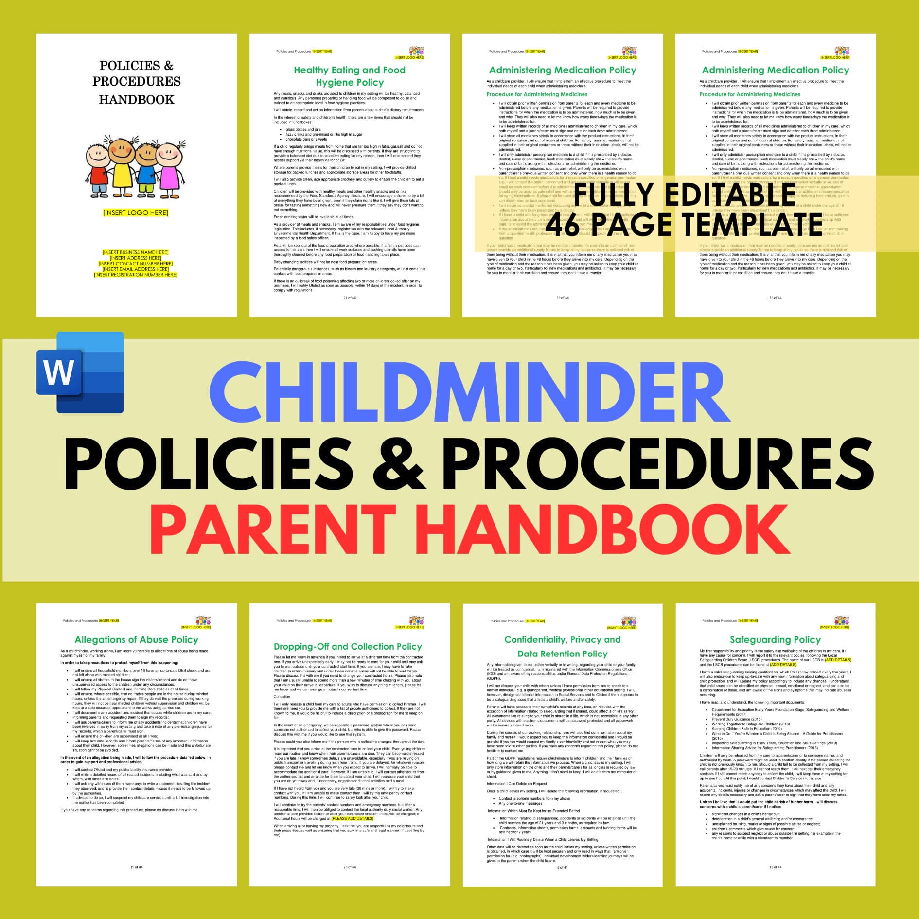 Daycare Parent Handbook Policies and Procedures Childminder Paperwork Home Nursery Day Care Forms Printable Preschool EYFS Ofsted