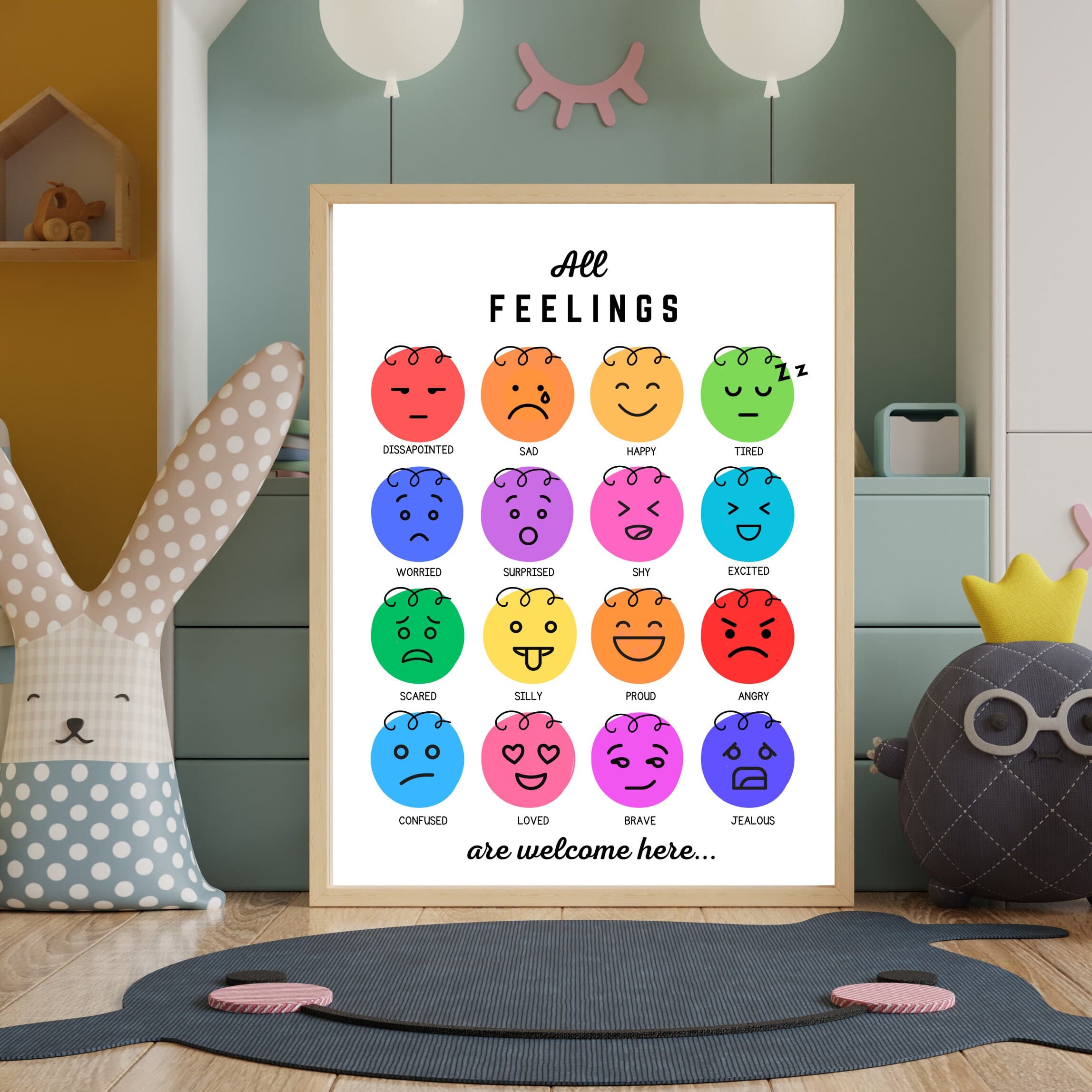 All Feelings are welcome here Poster, Educational Wall Chart, Emotions, Mental Health Coping Decor Preschool Emojis Feelings Printable - image 2