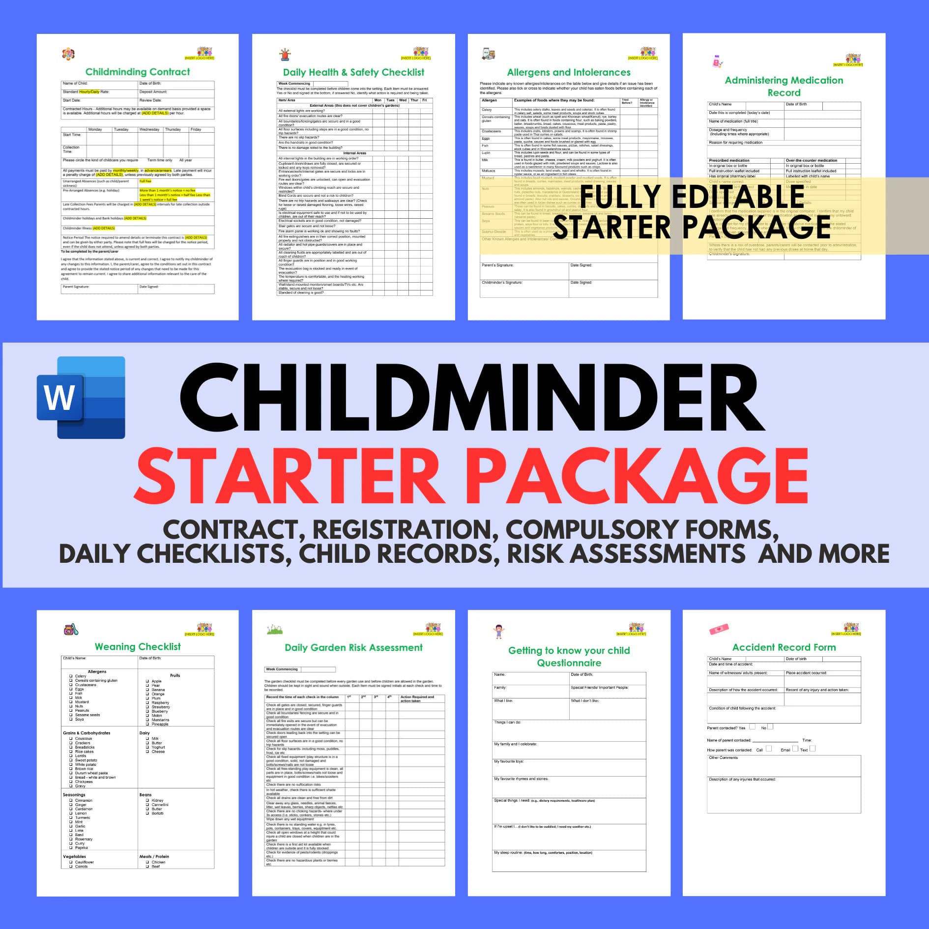 Daycare STARTER PACKAGE Childminder Paperwork, Forms, Risk Assessments, Checklists, Nursery Day Care Forms Printable Preschool EYFS Ofsted
