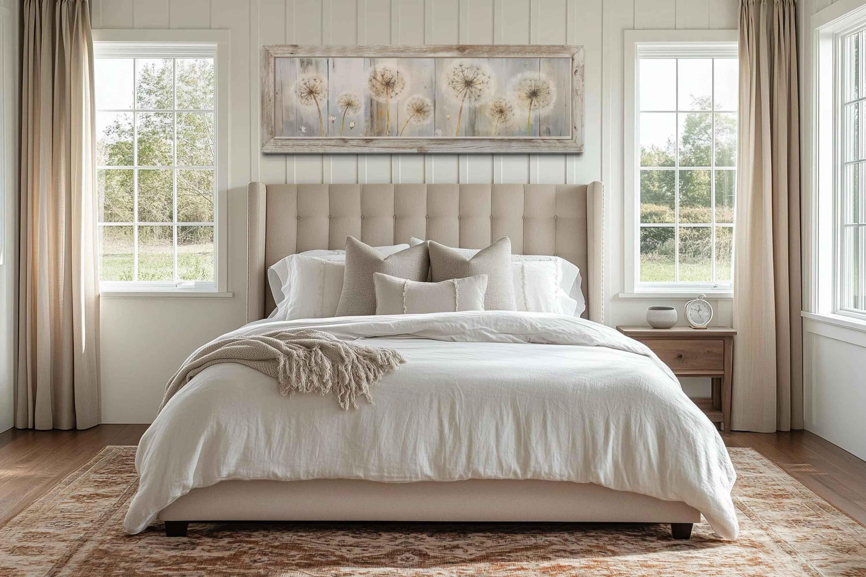 Dandelions Painting On Distressed Wood Canvas Print Farmhouse Horizontal Wall Art Over Bed Decor - With or Without Frame Ready To Hang