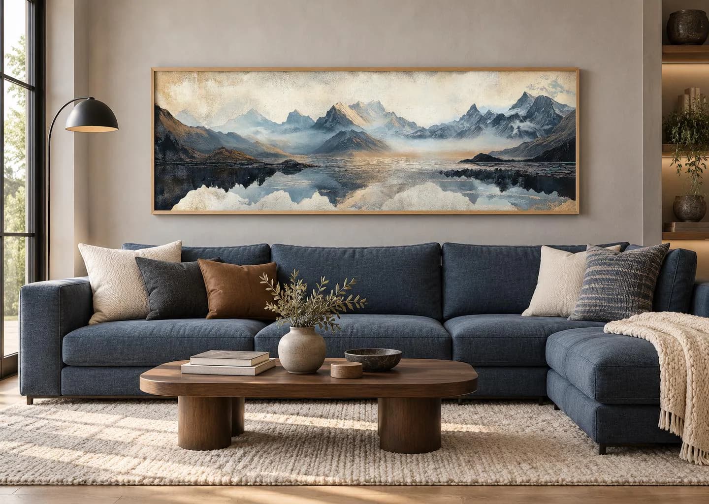 Misty Mountain Lake Wall Art Canvas Print, Long Horizontal Neutral Landscape Painting, Panoramic Mountain Wall Decor Above Couch