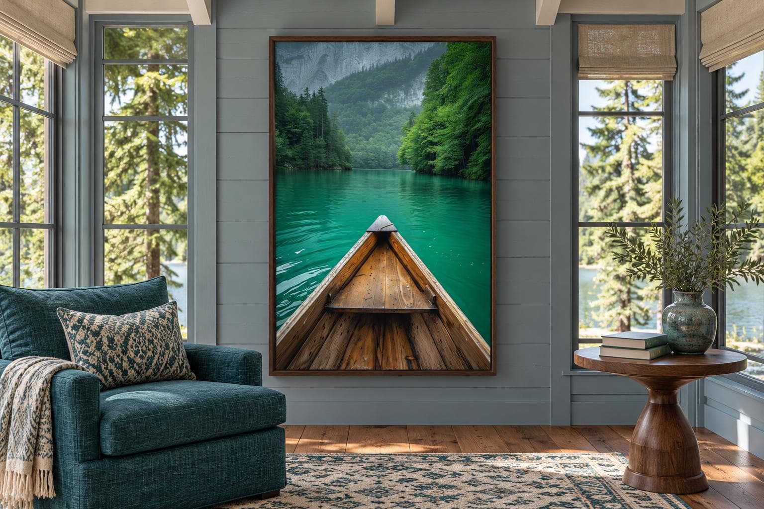Wooden Canoe in Emerald Green Lake Wall Art, Canoe Painting Canvas Print, Lake House Or Cabin Above Mantel Wall Decor, Framed Ready To Hang