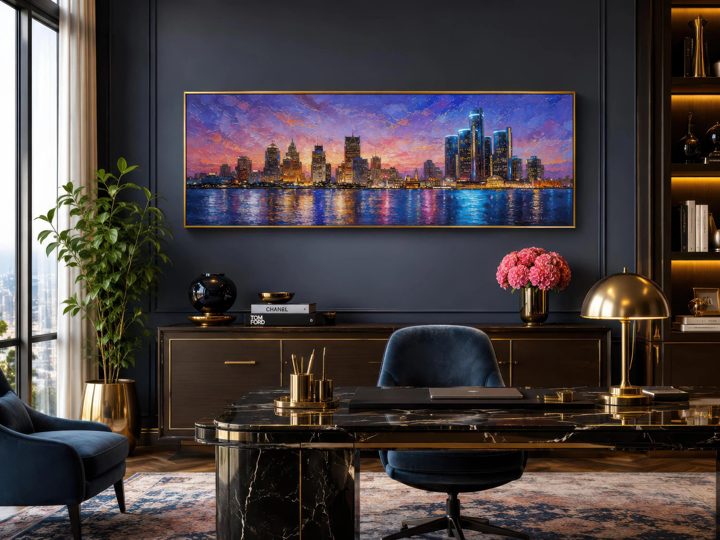 Detroit City Skyline Wall Art | Long Horizontal Canvas Print | Sunset Cityscape | Michigan Skyline Painting | Office Wall Decor