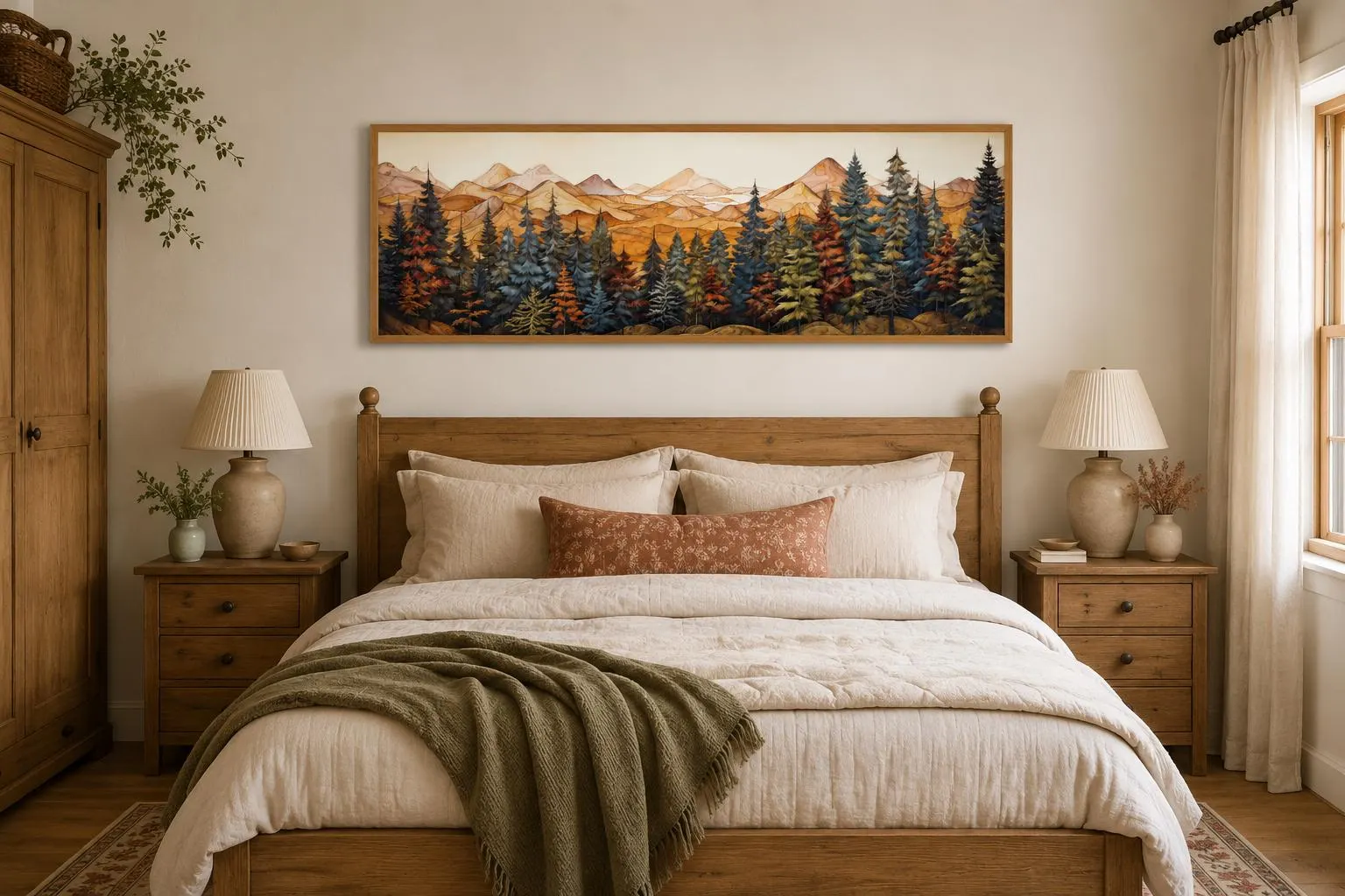 Rustic Bedroom Wall Art Above Bed Panoramic Forest Painted On Wood Print On Long Horizontal Canvas Framed Ready To Hang - image 5