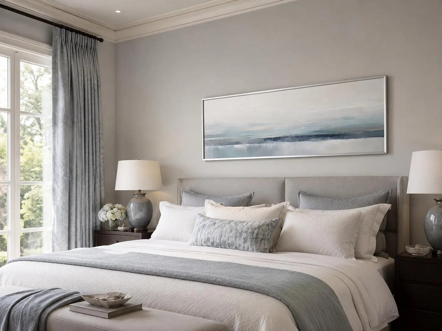 Over Bed Coastal Wall Art - Blue Gray Calm Watercolor Long Horizontal Painting Canvas Print  Minimalist Abstract Framed Ready To Hang - image 5