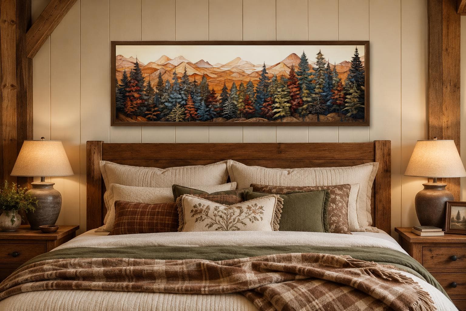 Rustic Bedroom Wall Art Above Bed Panoramic Forest Painted On Wood Print On Long Horizontal Canvas Framed Ready To Hang