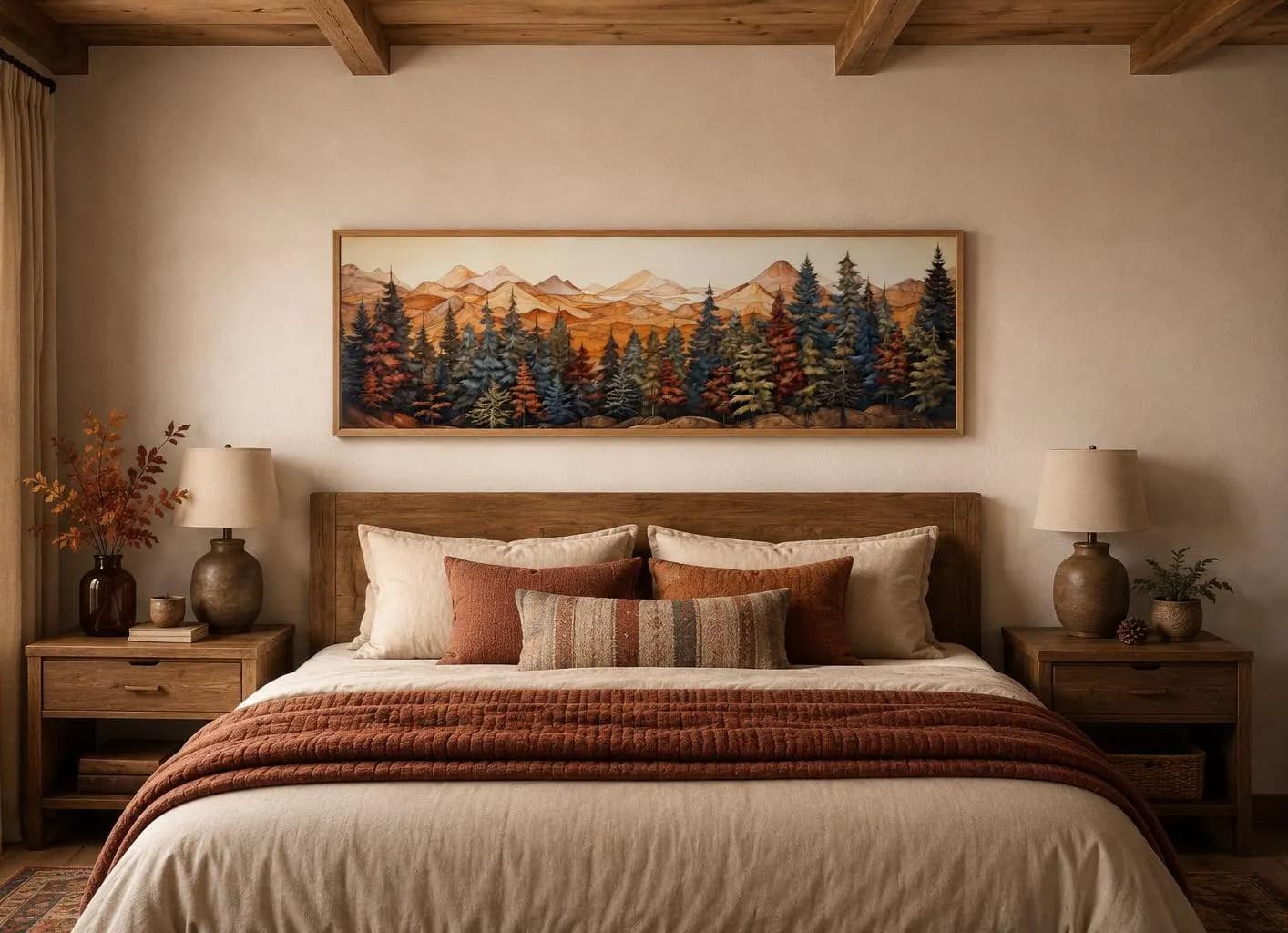 Rustic Bedroom Wall Art Above Bed Panoramic Forest Painted On Wood Print On Long Horizontal Canvas Framed Ready To Hang - image 4