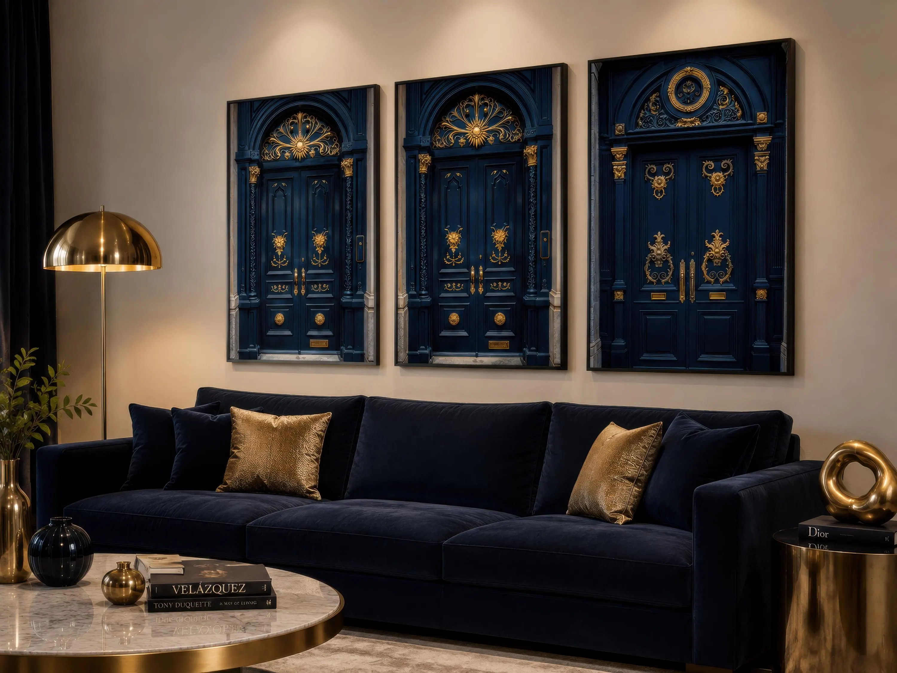 Set Of Three Navy Blue Gold Living Room Wall Art, European Doors Canvas Wall Decor,  Architecture Art PRINTs Framed Ready To Hang - image 4
