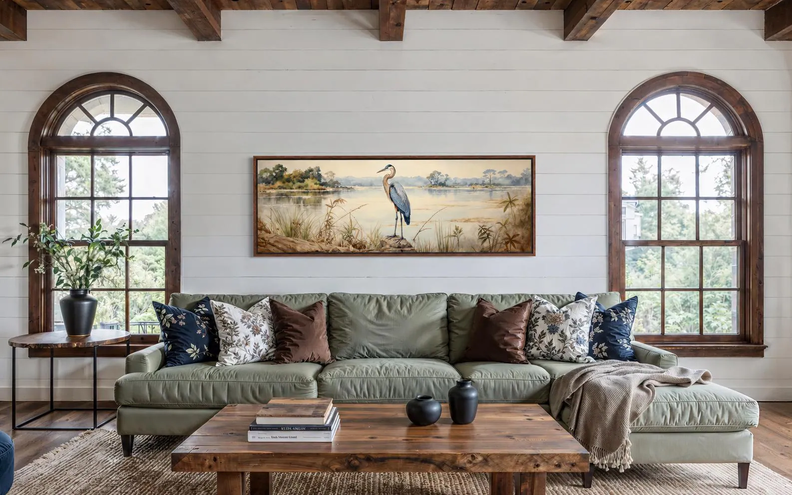 Blue Heron by the Lake Wall Art – Long Horizontal Nature Canvas Print, Serene Bird Landscape Artwork for Coastal Living Room Decor