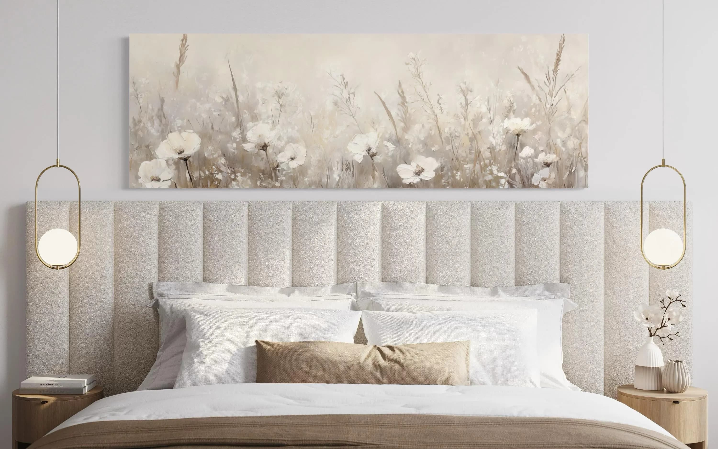 White Beige Neutral Boho Wall Art, Farmhouse Wildflowers Field Oil Painting Canvas Print - Rustic Above Bed Wall Decor Ready To Hang