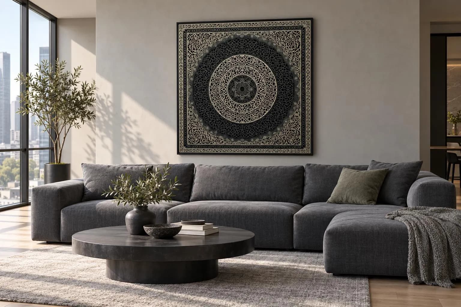 Mandala Wall Art - Indian Wall Decor, Boho Grey Black Mandala Painting Canvas PRINT, Square Grayscale Wall Art Framed Ready To Hang - image 4