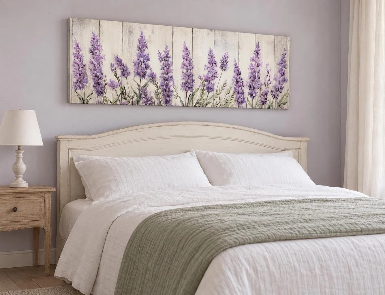 Lavender Wildflowers Painting on Wood Canvas PRINT, Purple Flowers Above Bed Decor Long Narrow Panoramic Wall Decor Framed Ready To Hang
