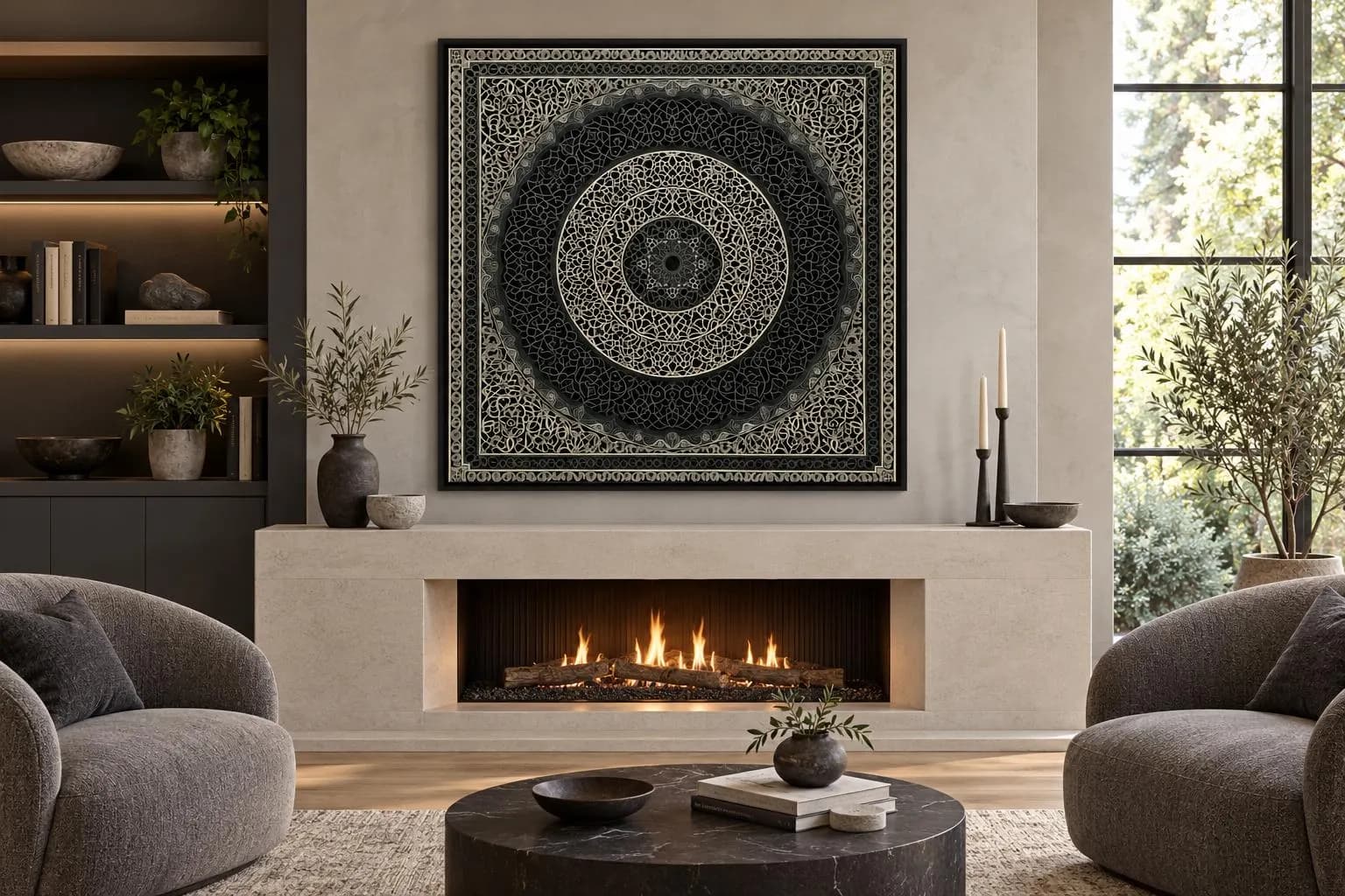 Mandala Wall Art - Indian Wall Decor, Boho Grey Black Mandala Painting Canvas PRINT, Square Grayscale Wall Art Framed Ready To Hang