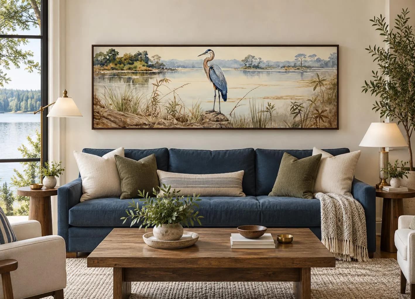 Blue Heron by the Lake Wall Art – Long Horizontal Nature Canvas Print, Serene Bird Landscape Artwork for Coastal Living Room Decor - image 5