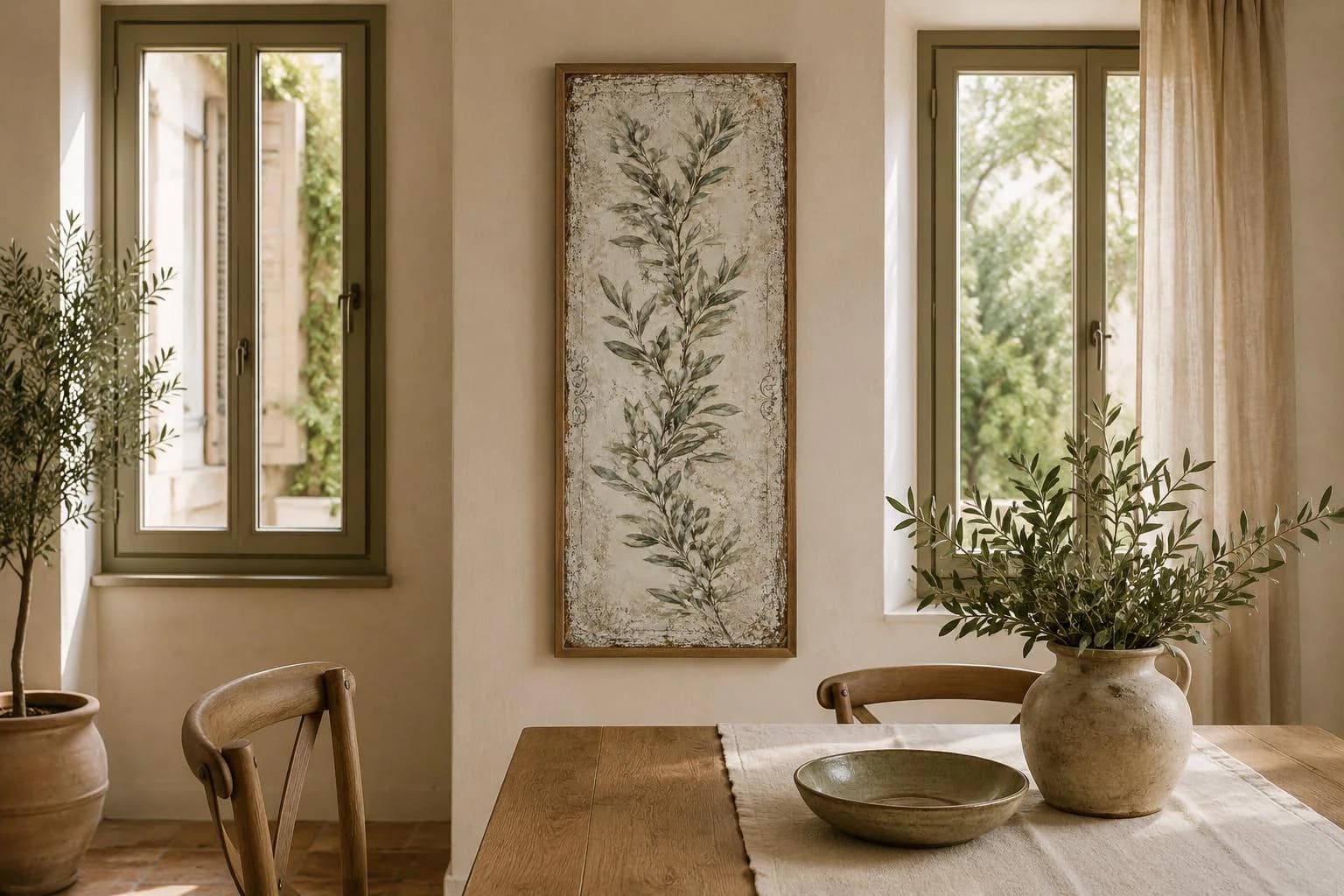 A Tall Olive Branch With Sage Green Leaves On Aged Cream Background Wall Art, Tuscan Farmhouse Botanical Decor, Tall Vertical Canvas Print - image 4
