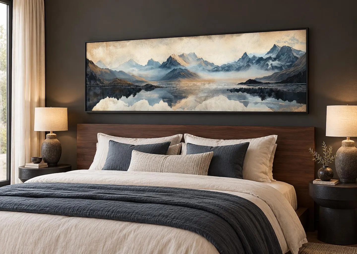 Misty Mountain Lake Wall Art Canvas Print, Long Horizontal Neutral Landscape Painting, Panoramic Mountain Wall Decor Above Couch - image 5
