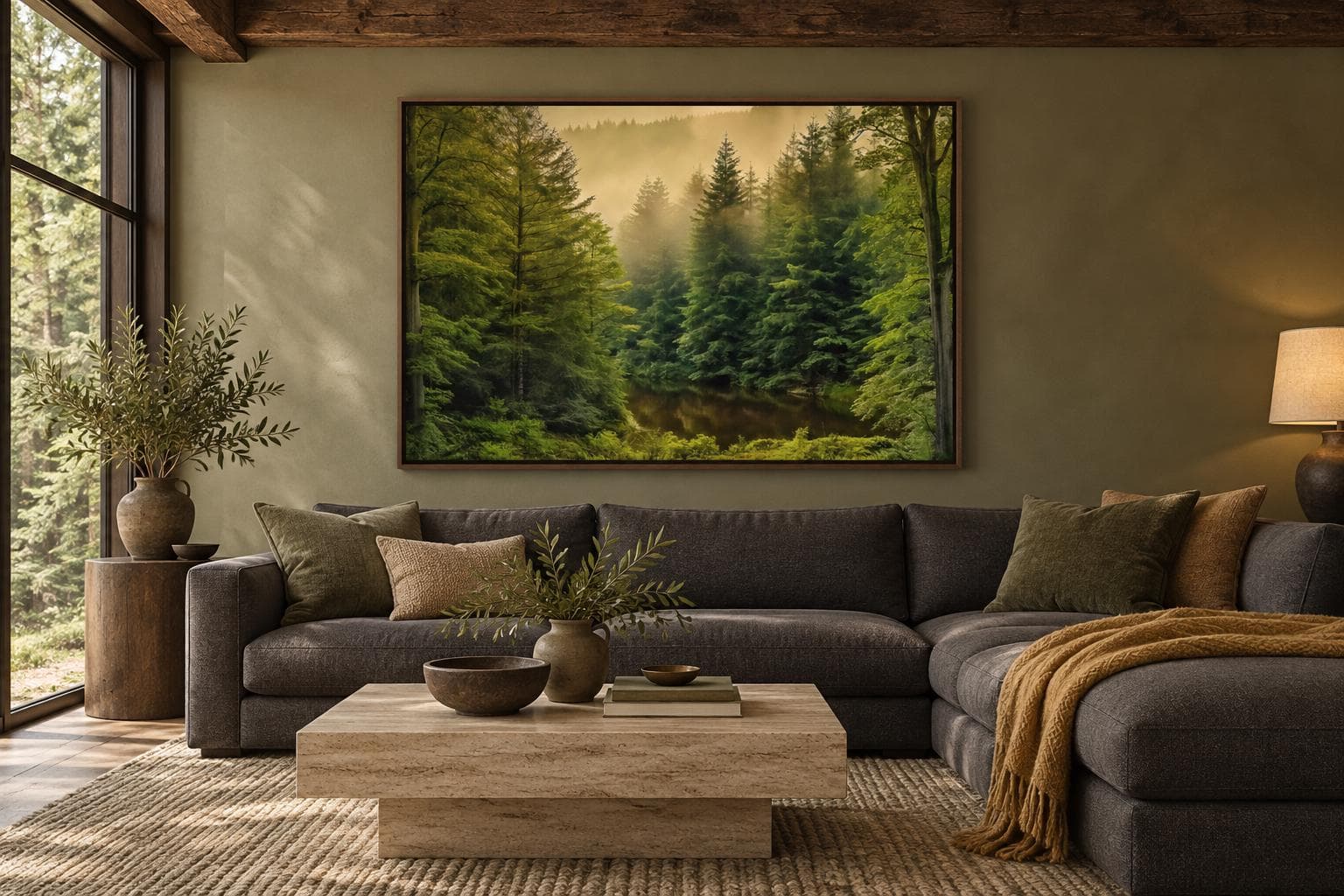 Foggy Forest Wall Art Realistic Nature Painting Fir Tree Canvas PRINT, Cabin Decor, Living Room Wall Decor Framed Ready To Hang