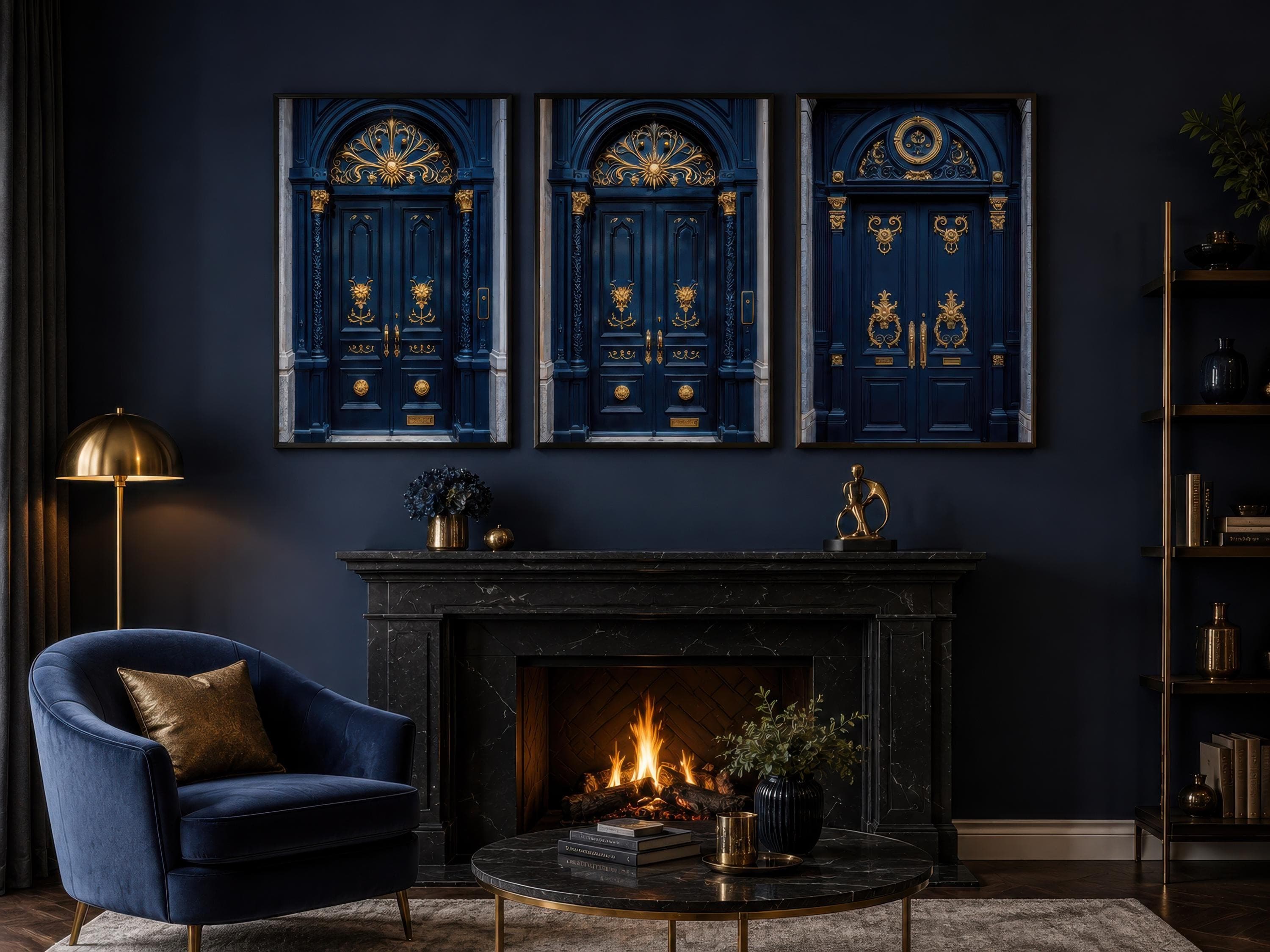 Set Of Three Navy Blue Gold Living Room Wall Art, European Doors Canvas Wall Decor,  Architecture Art PRINTs Framed Ready To Hang - image 5