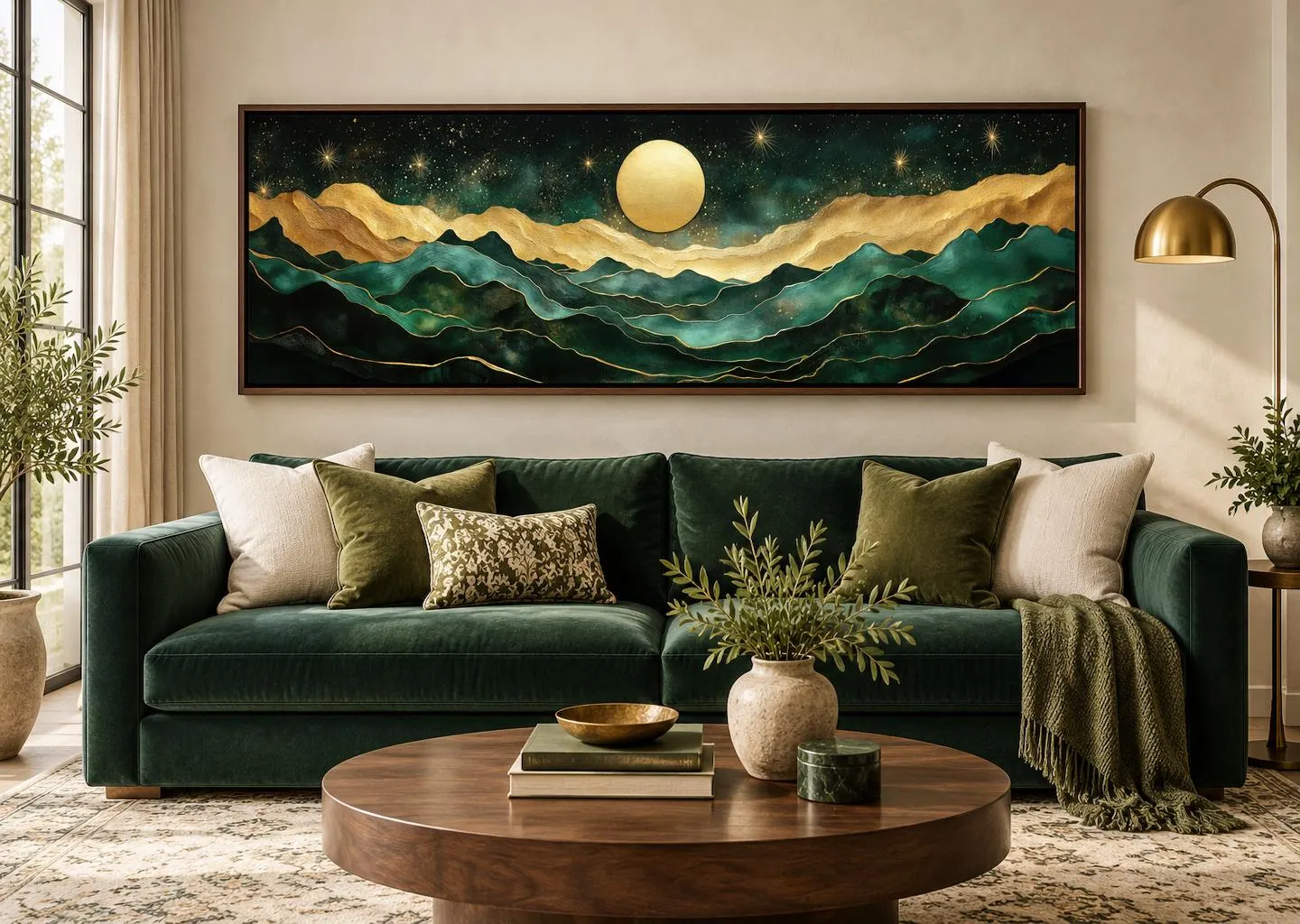 Emerald Green Gold Mountain And Moon Wall Art Canvas Print, Long Horizontal Emerald Landscape, Luxury Celestial Living Room Decor