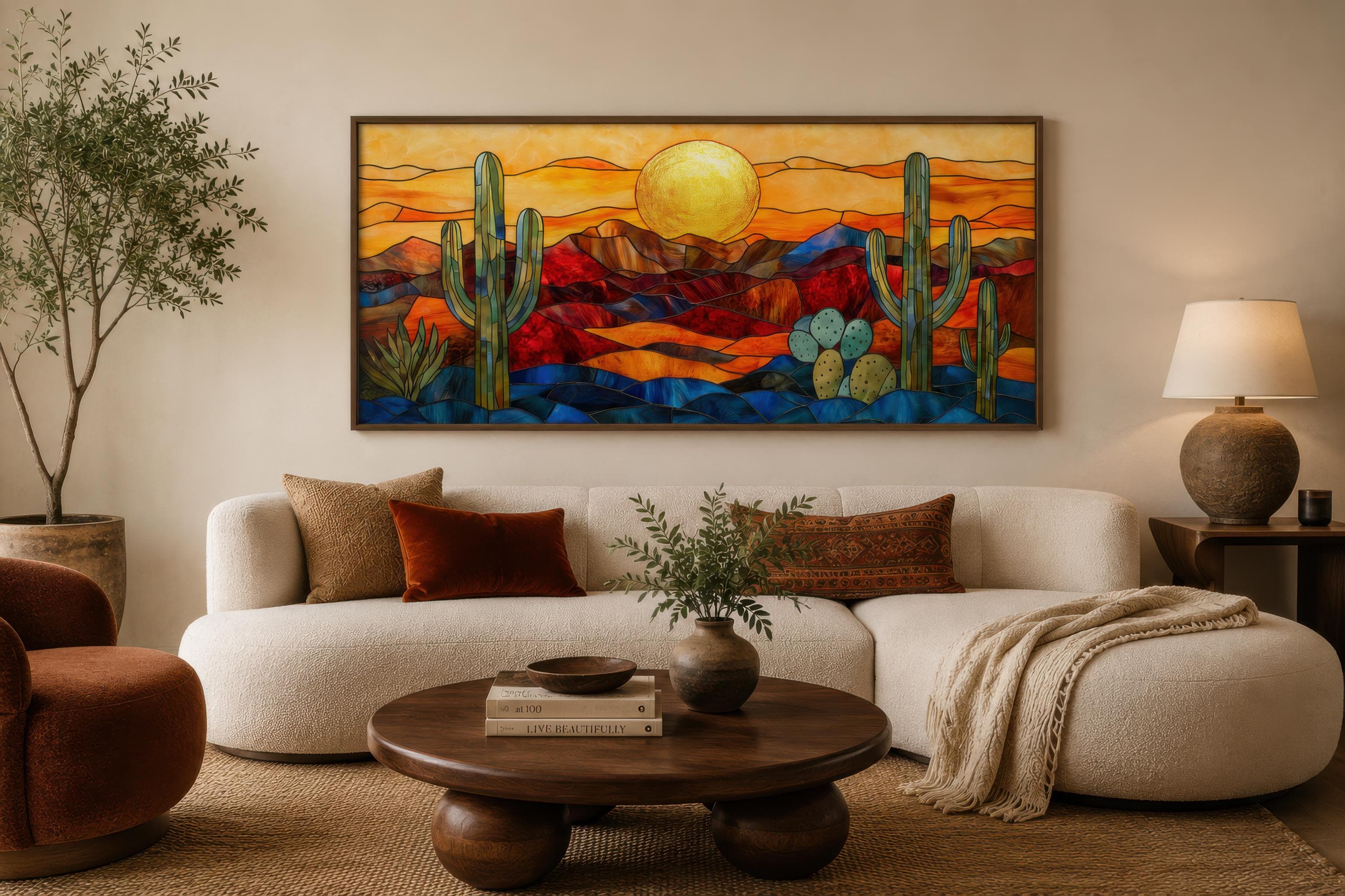 Stained Glass Sonoran Desert Sunset with Saguaro Cactus and Mountains — Extra Large Framed Southwest Wall Art Canvas Print - image 5