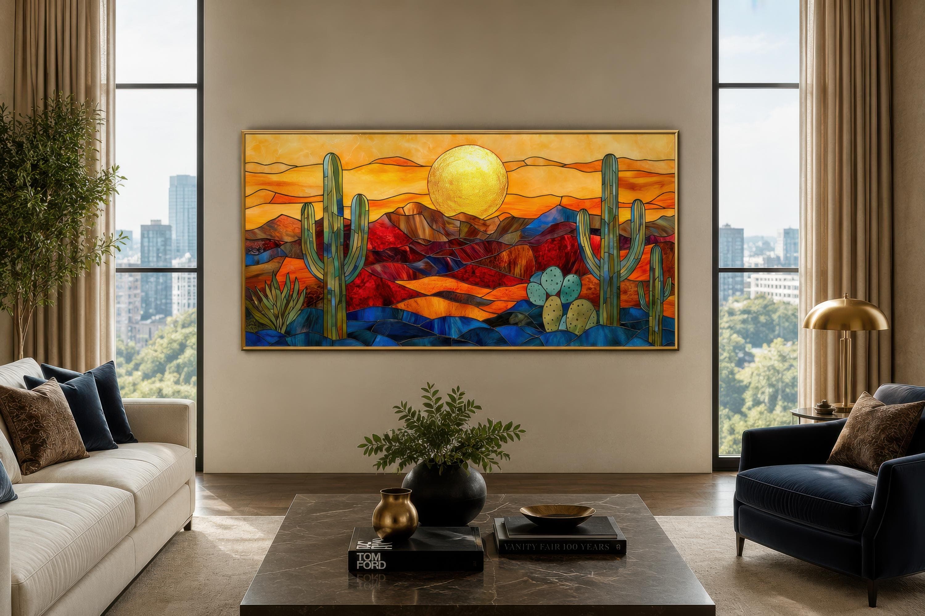 Stained Glass Sonoran Desert Sunset with Saguaro Cactus and Mountains — Extra Large Framed Southwest Wall Art Canvas Print