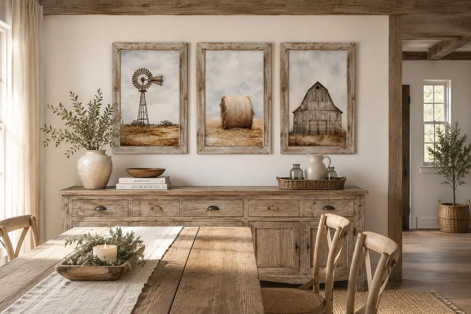 Farmhouse Wall Art Set of Three Rustic Farm PRINTs - Painting of Windmill, Old Barn, Hay Bale Print on Canvas Gallery Wall Art