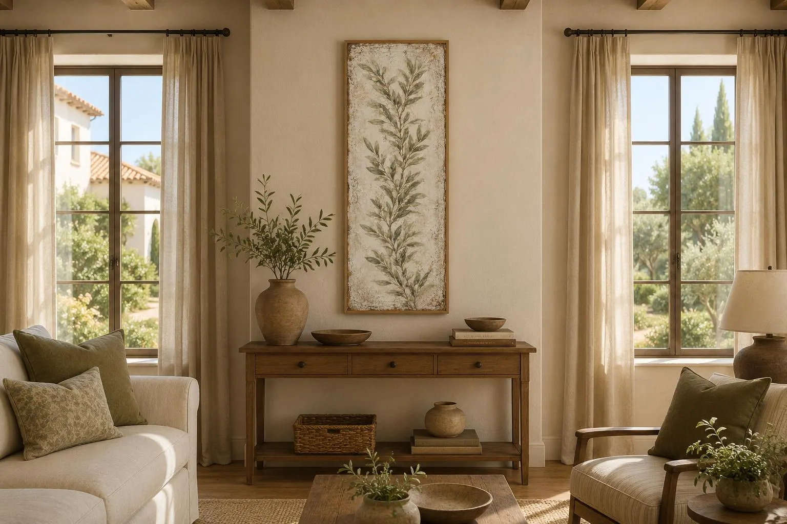 A Tall Olive Branch With Sage Green Leaves On Aged Cream Background Wall Art, Tuscan Farmhouse Botanical Decor, Tall Vertical Canvas Print