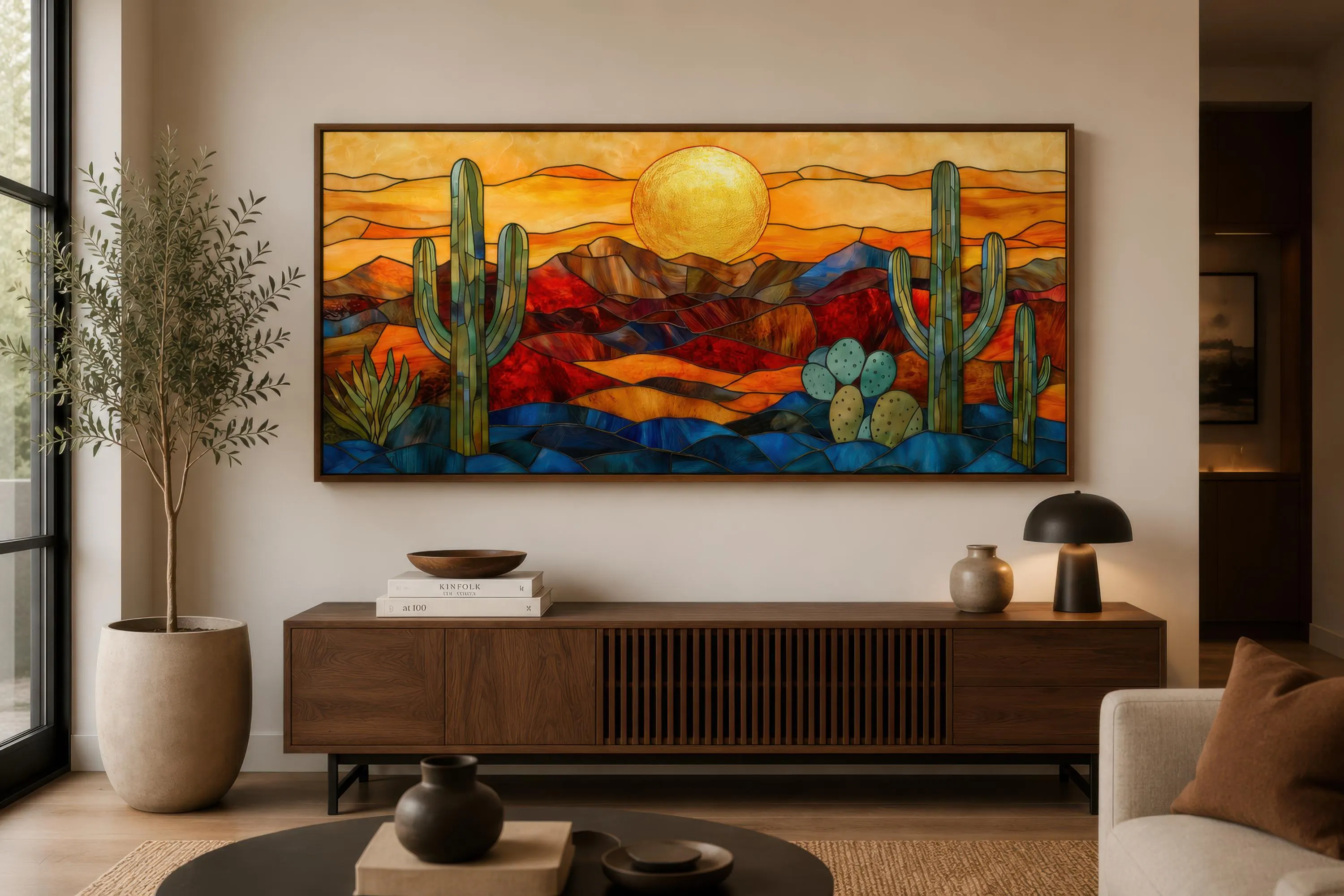 Stained Glass Sonoran Desert Sunset with Saguaro Cactus and Mountains — Extra Large Framed Southwest Wall Art Canvas Print - image 4