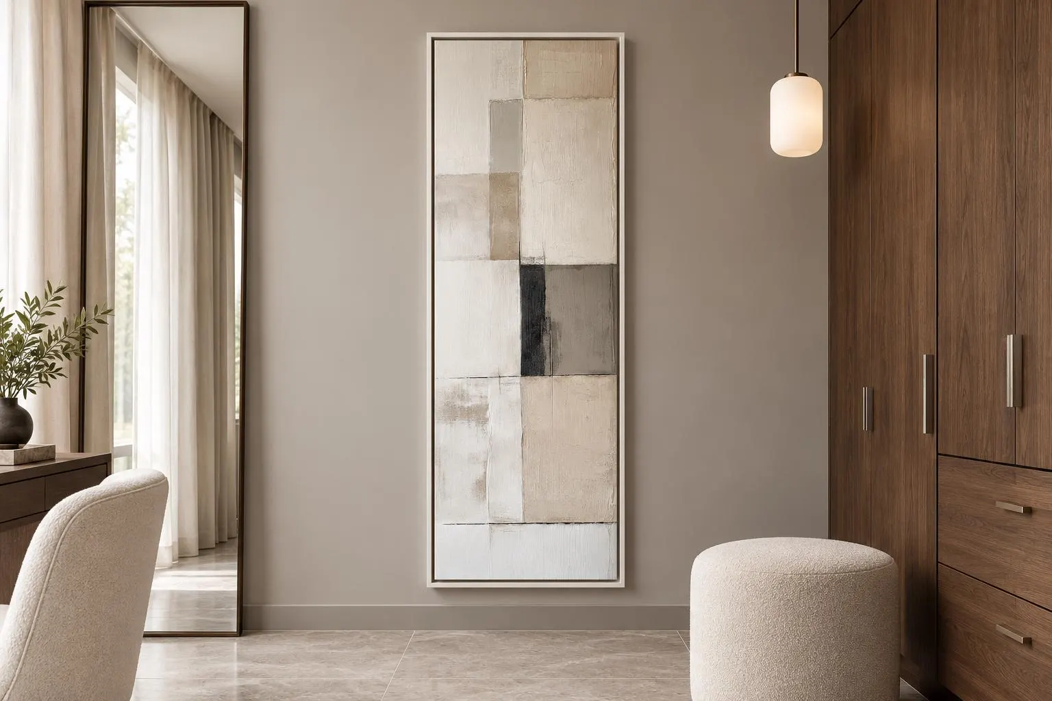 Vertical Abstract Wall Art, Tall Narrow Neutral Geometric Painting In Beige Black And White, Modern Minimalist Canvas, Framed Ready To Hang