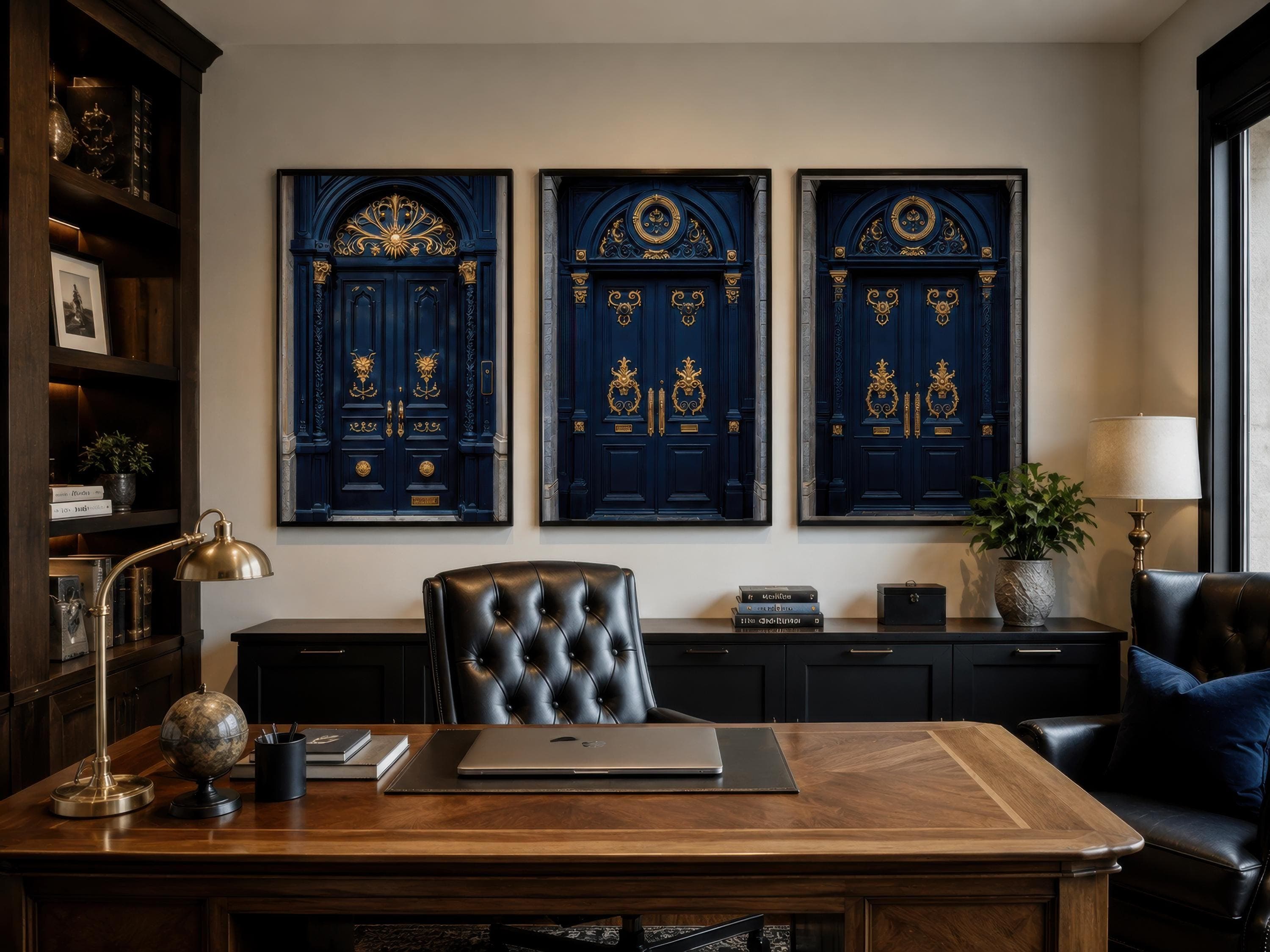 Set Of Three Navy Blue Gold Living Room Wall Art, European Doors Canvas Wall Decor,  Architecture Art PRINTs Framed Ready To Hang