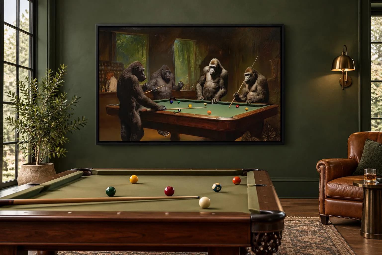 Gorillas Playing Billiards Painting - Game Room Wall Art - Billiard Room Decor - Man Cave Decor - Bar Wall Decor Ready To Hang