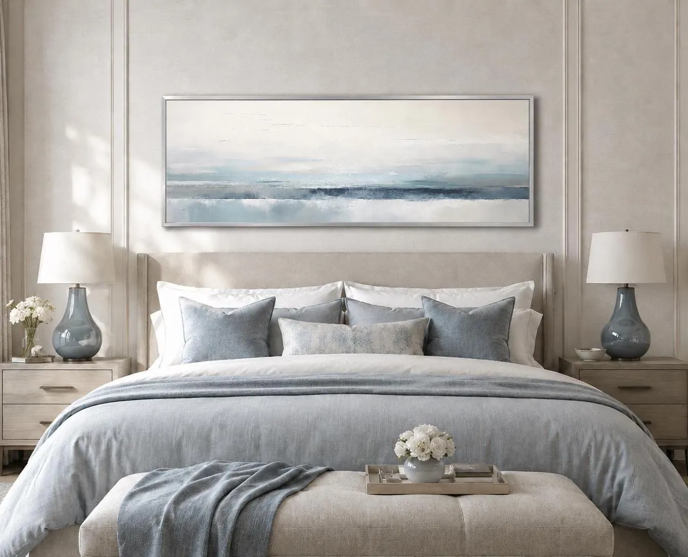 Over Bed Coastal Wall Art - Blue Gray Calm Watercolor Long Horizontal Painting Canvas Print  Minimalist Abstract Framed Ready To Hang