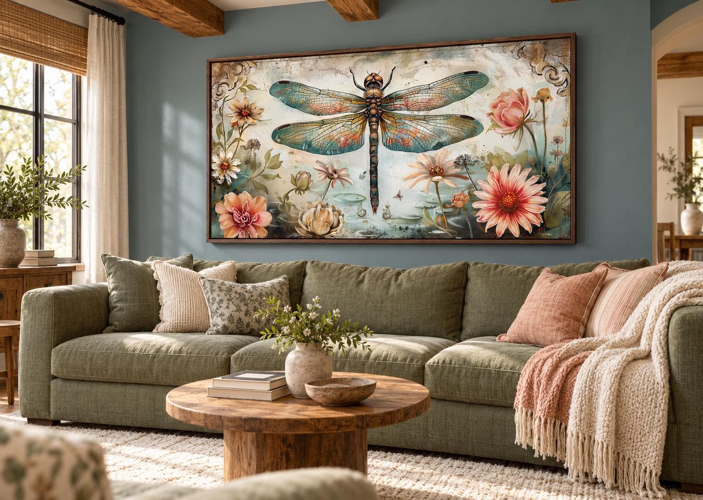 Dragonfly With Flowers Painting Canvas PRINT, Rustic Insect Art, Farmhouse or Cabin Vintage Wall Decor Framed Ready To Hang - image 4